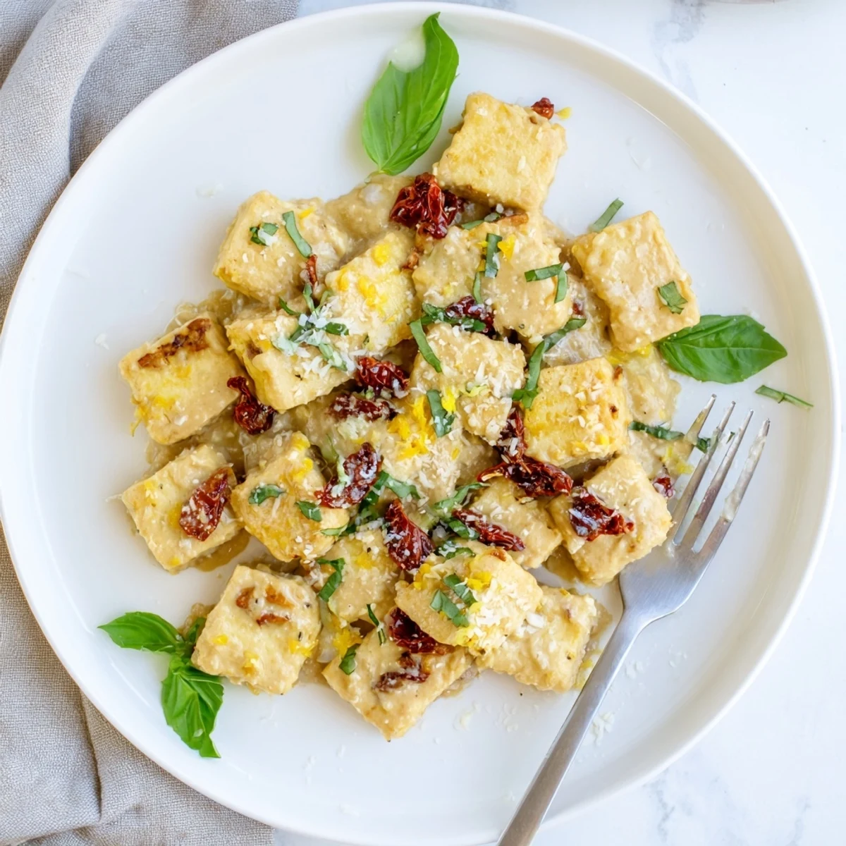 Pan-seared tofu pieces coated in thick Italian-style cream sauce with sun-dried tomatoes and grated parmesan topping