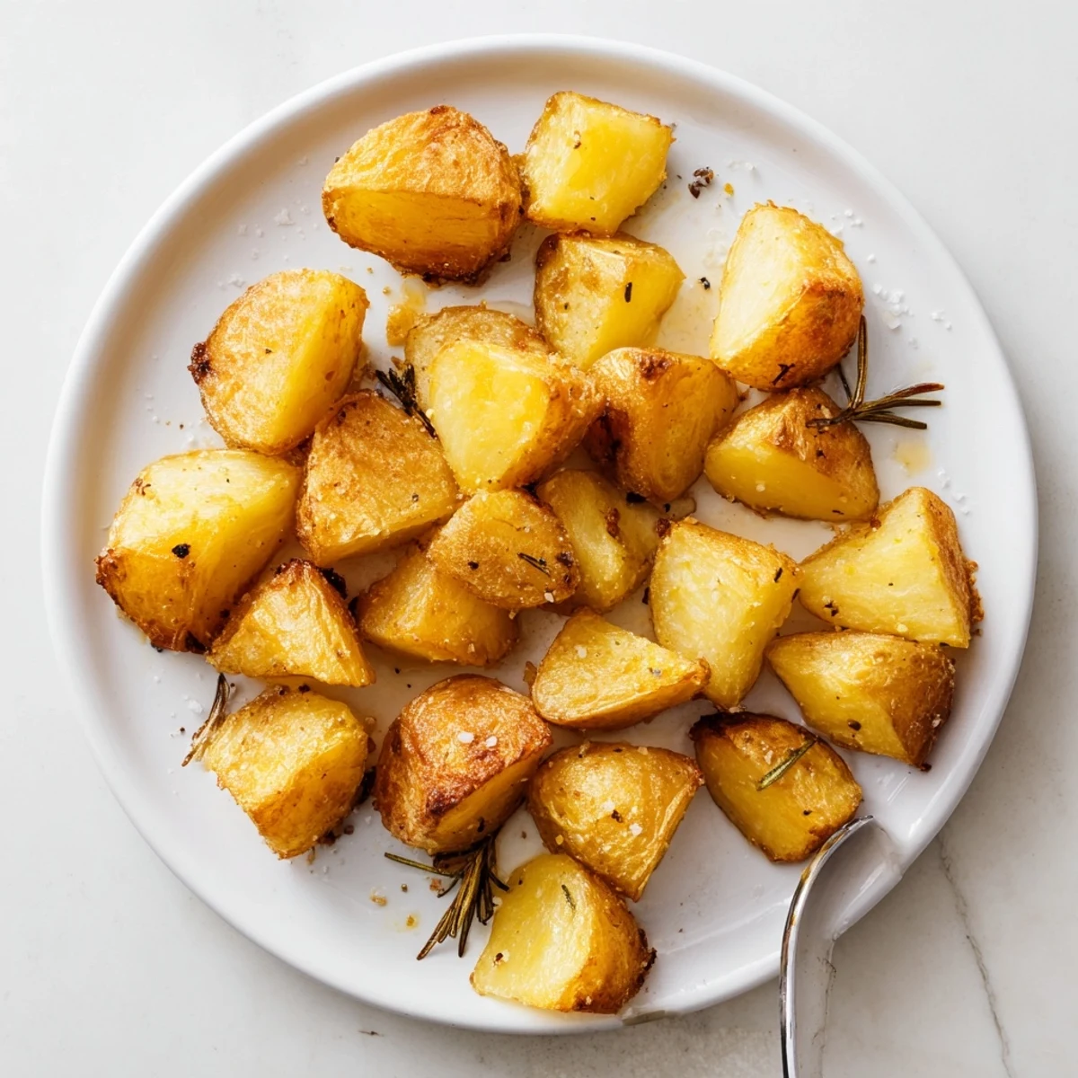 Platter of homemade roast potatoes garnished with fresh rosemary after roasting to golden perfection