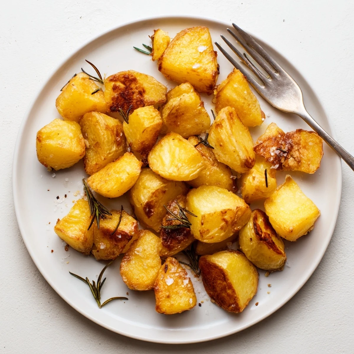 Golden homemade roast potatoes with crispy edges and fluffy centers seasoned with sea salt