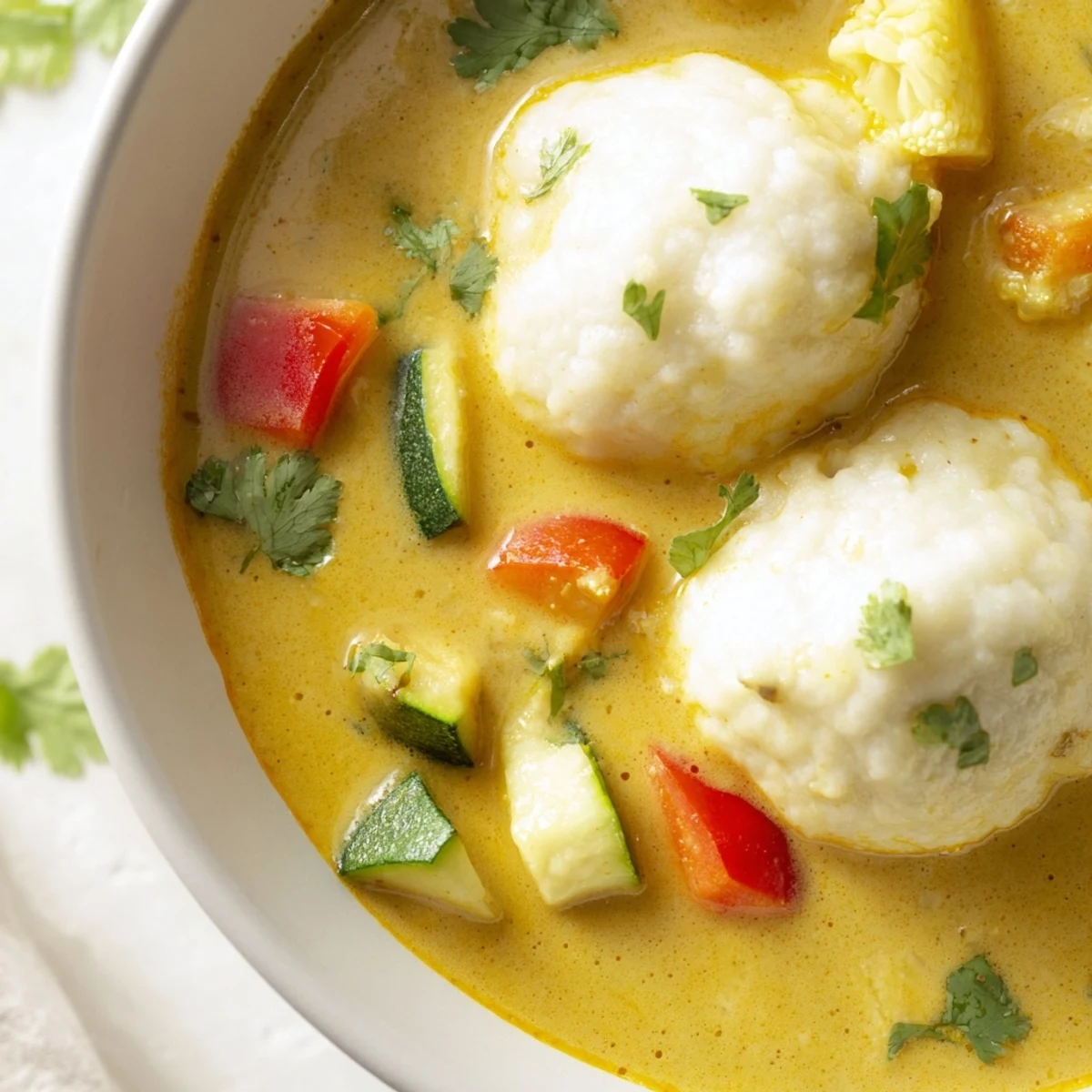 Creamy coconut curry soup with fluffy dumplings floating in golden aromatic broth