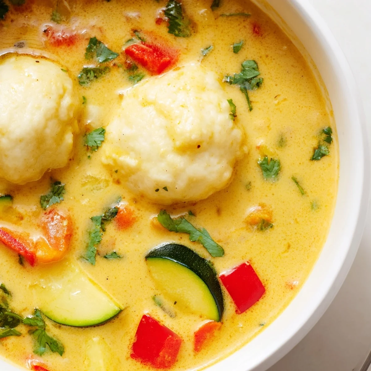 Steaming bowl of simple coconut curry soup with dumplings garnished with fresh cilantro