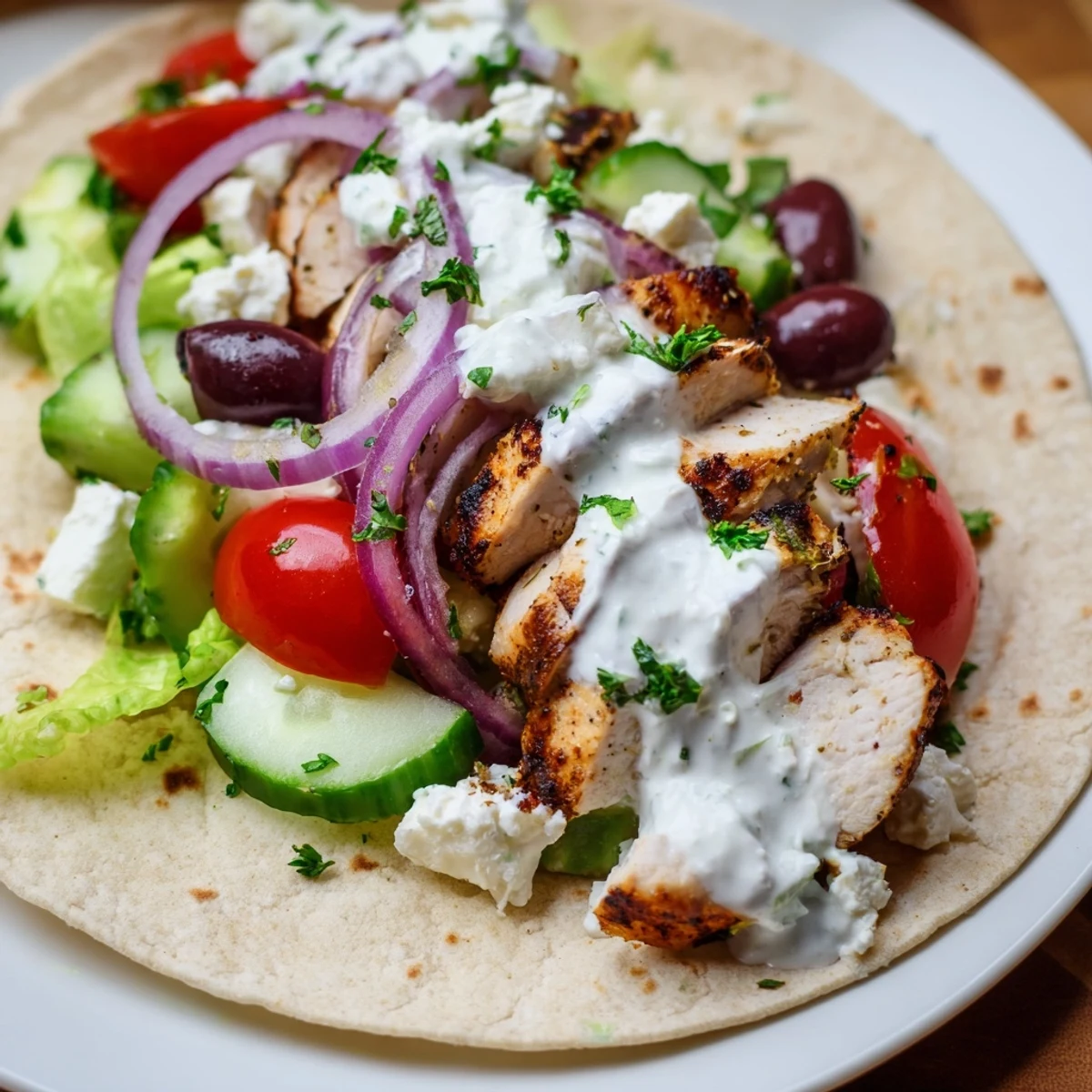 Golden grilled chicken tacos piled high with crisp veggies and tangy yogurt sauce