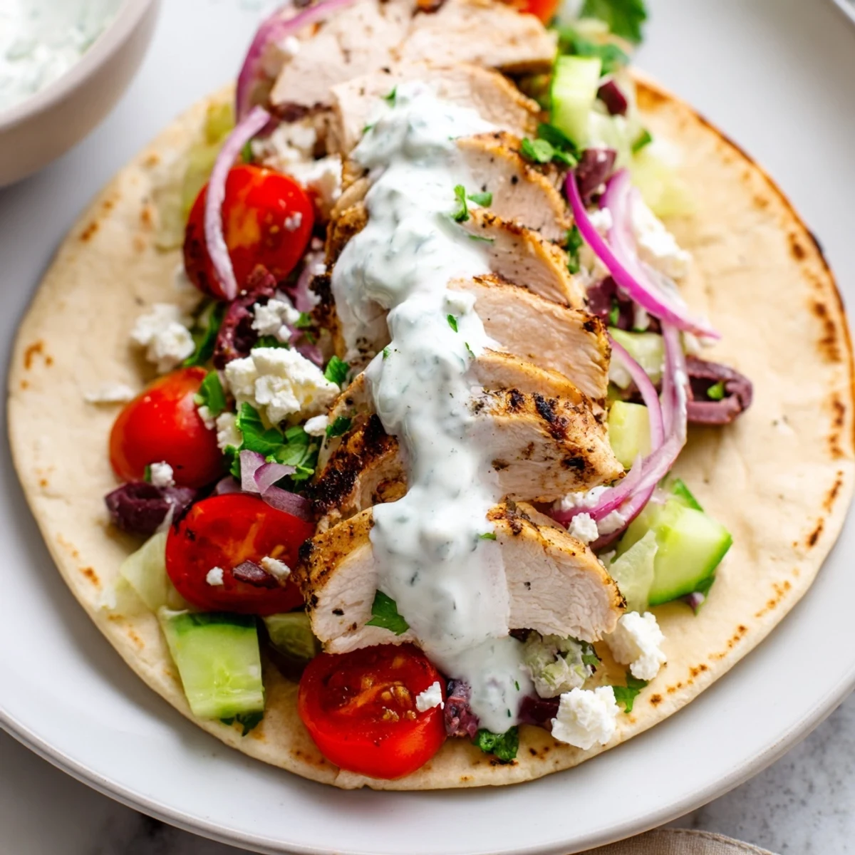 Mediterranean chicken tacos featuring spiced meat fresh tomatoes cucumber and crumbled feta cheese