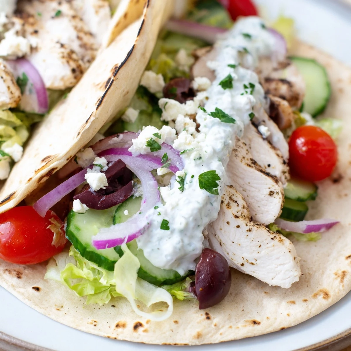 Warm soft tortillas stuffed with seasoned chicken and vibrant Mediterranean toppings garnished with parsley