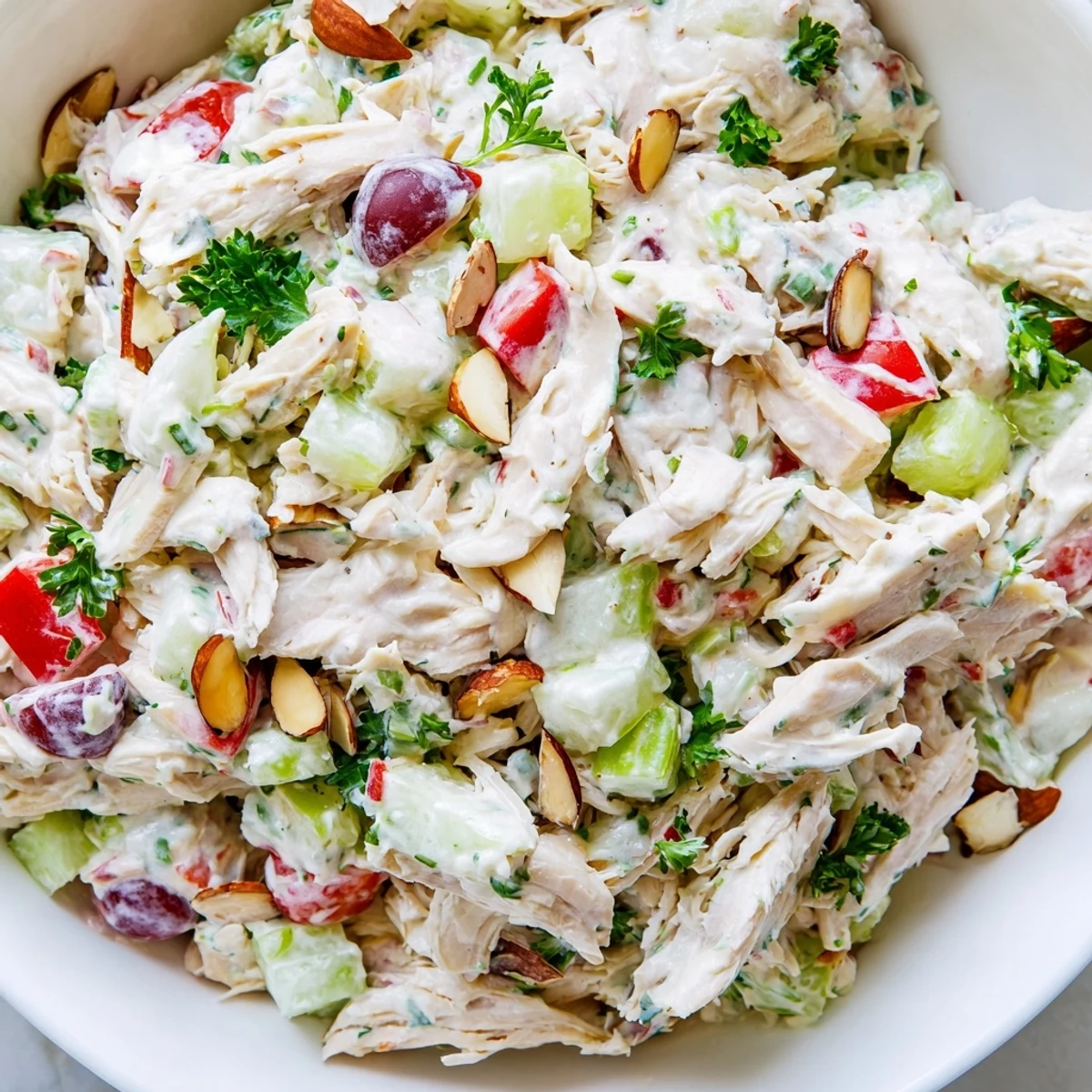 Creamy Greek yogurt rotisserie chicken salad with crisp celery, red peppers, and fresh parsley