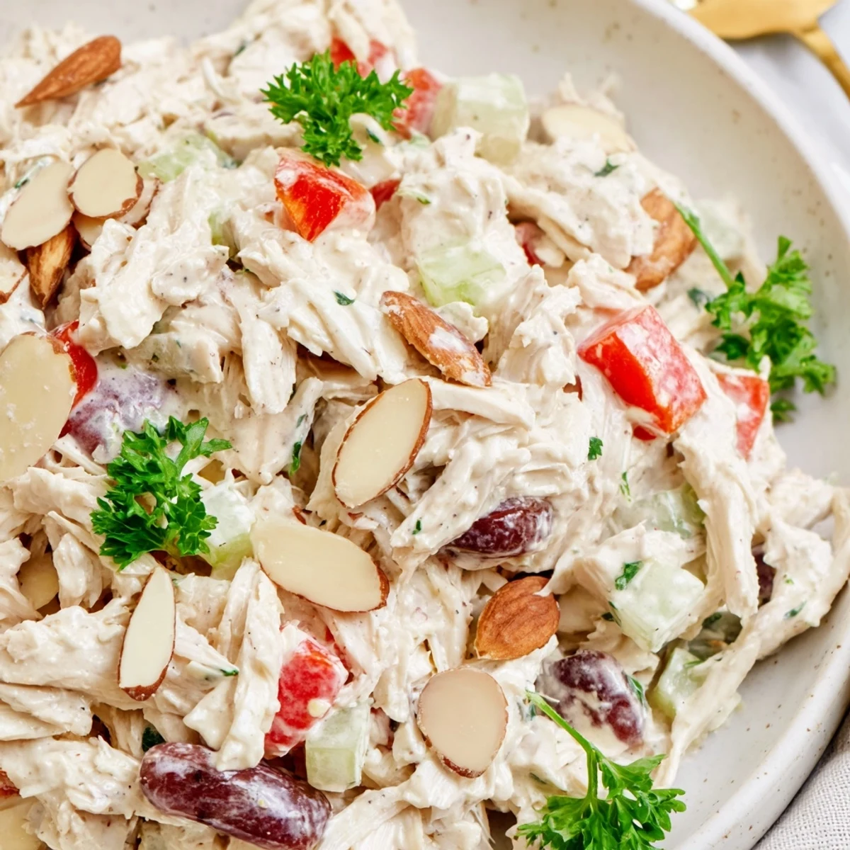 Healthy chicken salad bowl featuring shredded rotisserie chicken in tangy Greek yogurt dressing with colorful diced vegetables