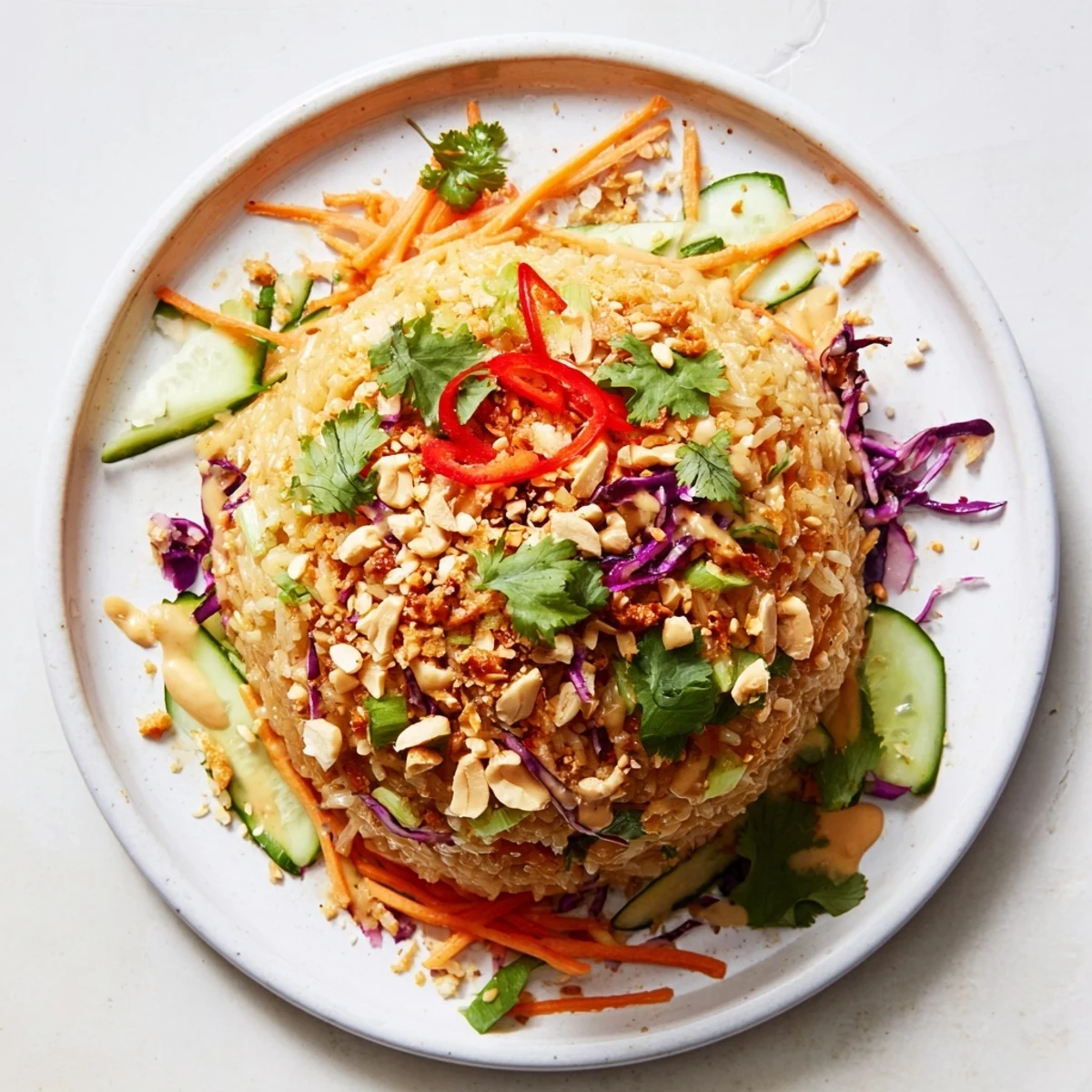 Golden fried rice tossed with crunchy vegetables in creamy peanut sesame dressing served in white bowl