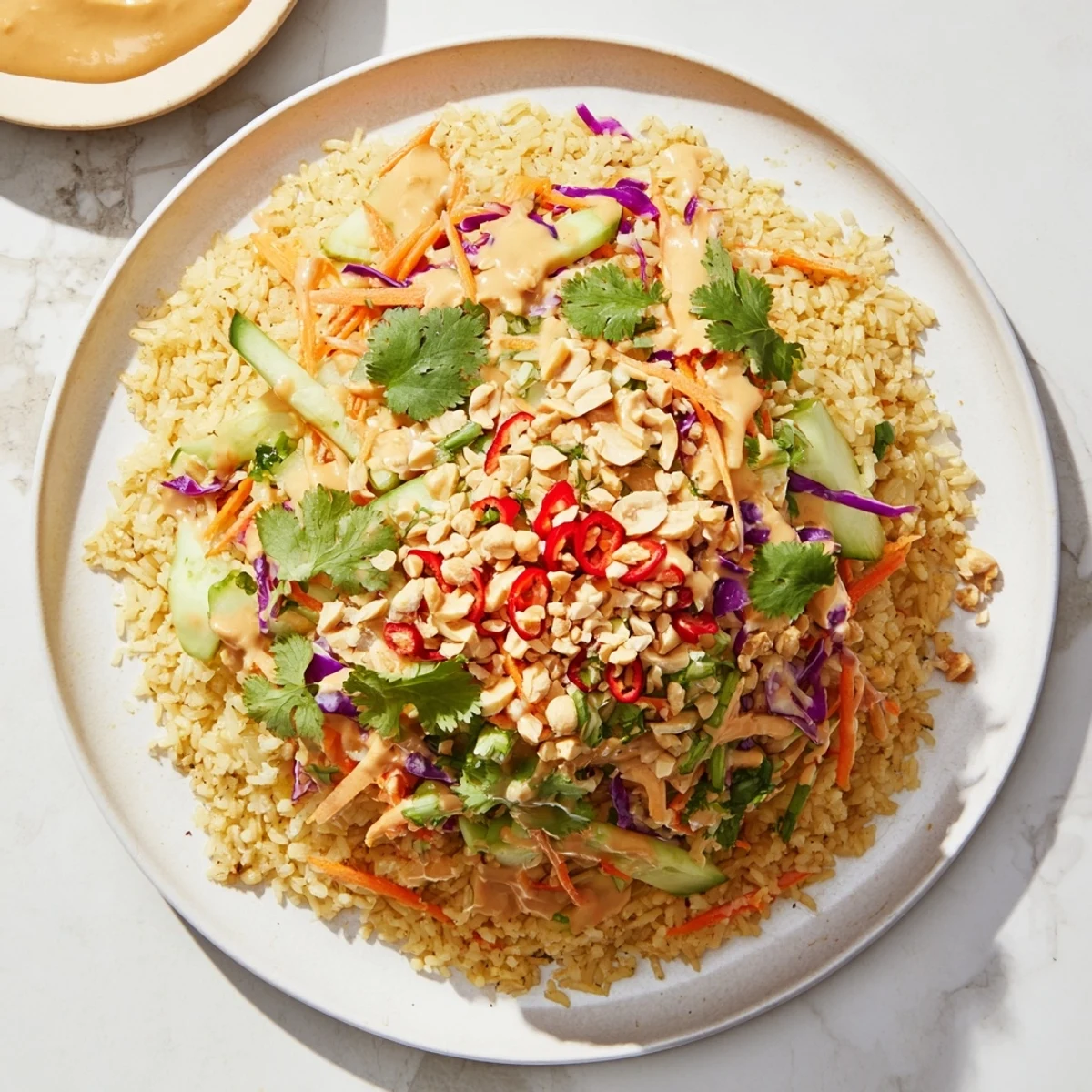 Colorful crispy rice salad with peanut sesame dressing topped with fresh vegetables and crushed peanuts