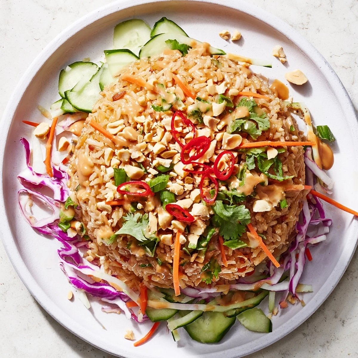 Vibrant Asian-inspired salad featuring crispy rice cubes with colorful cabbage carrots and peanut sesame drizzle