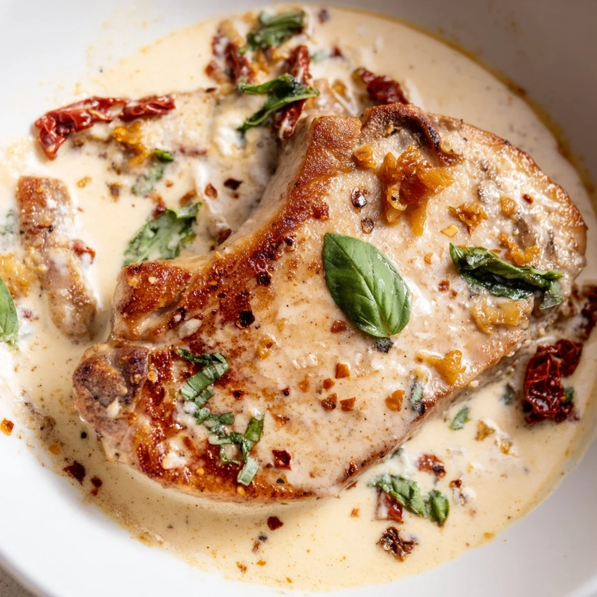 Golden seared pork chops resting in a rich creamy sun-dried tomato parmesan sauce