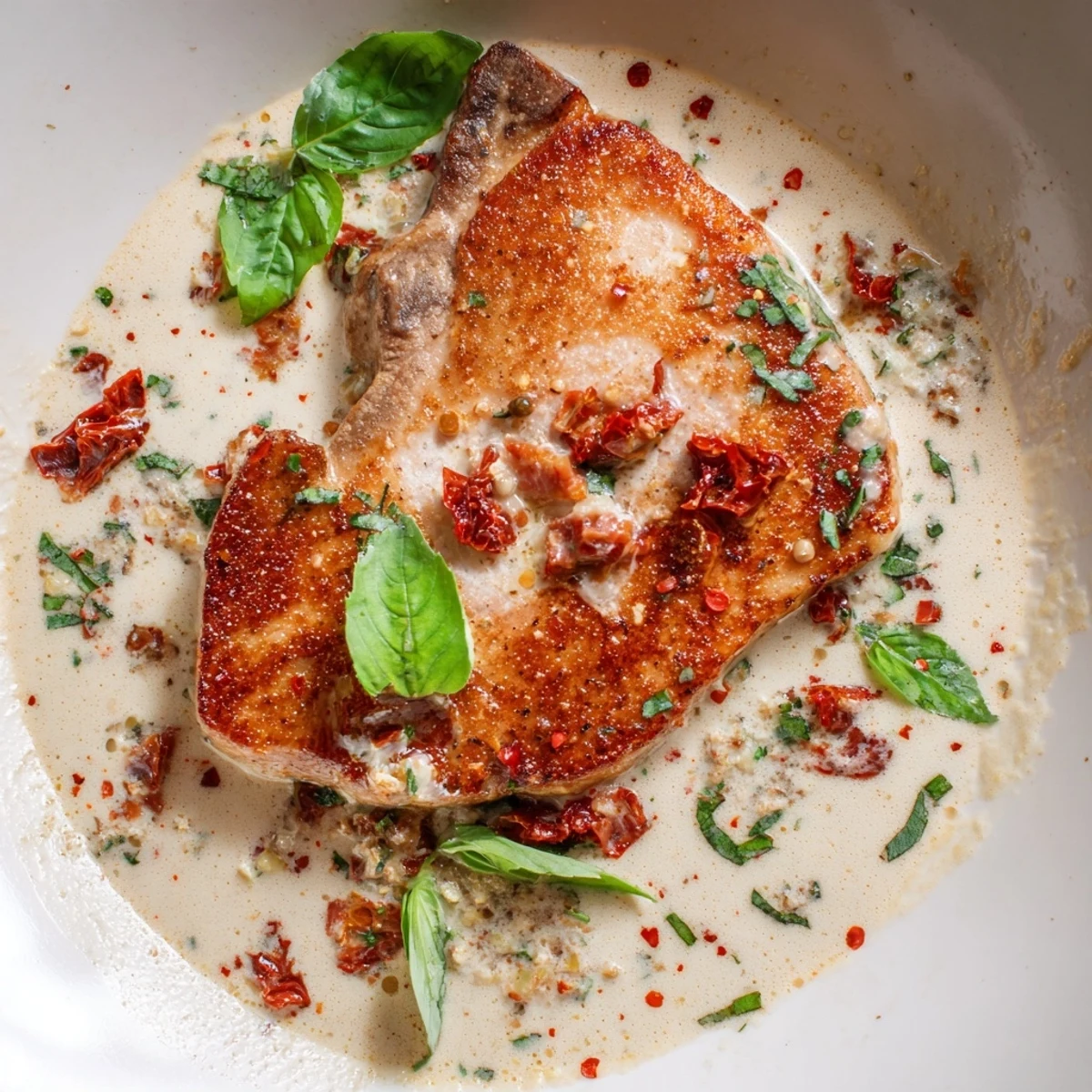 Tender boneless pork chops simmered in Italian seasoned cream sauce with red tomato pieces