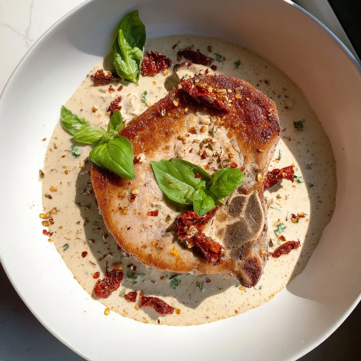 Marry Me Pork Chops plated with fresh basil garnish and thick white cream sauce