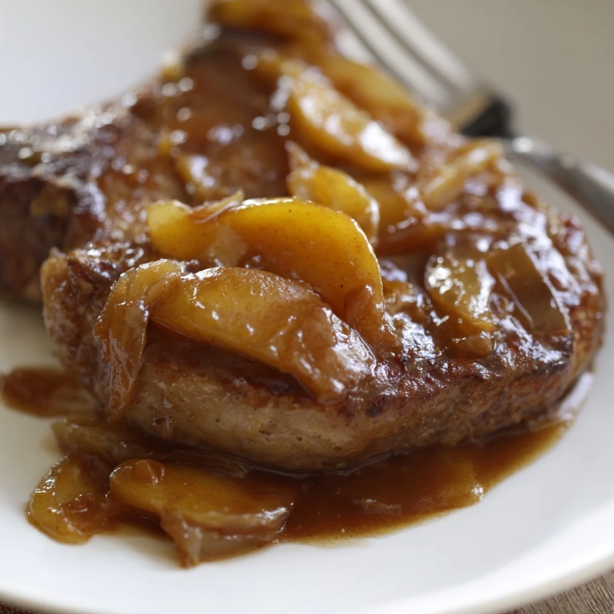 Golden seared pork chops glazed in rich apple butter sauce with caramelized onion slices