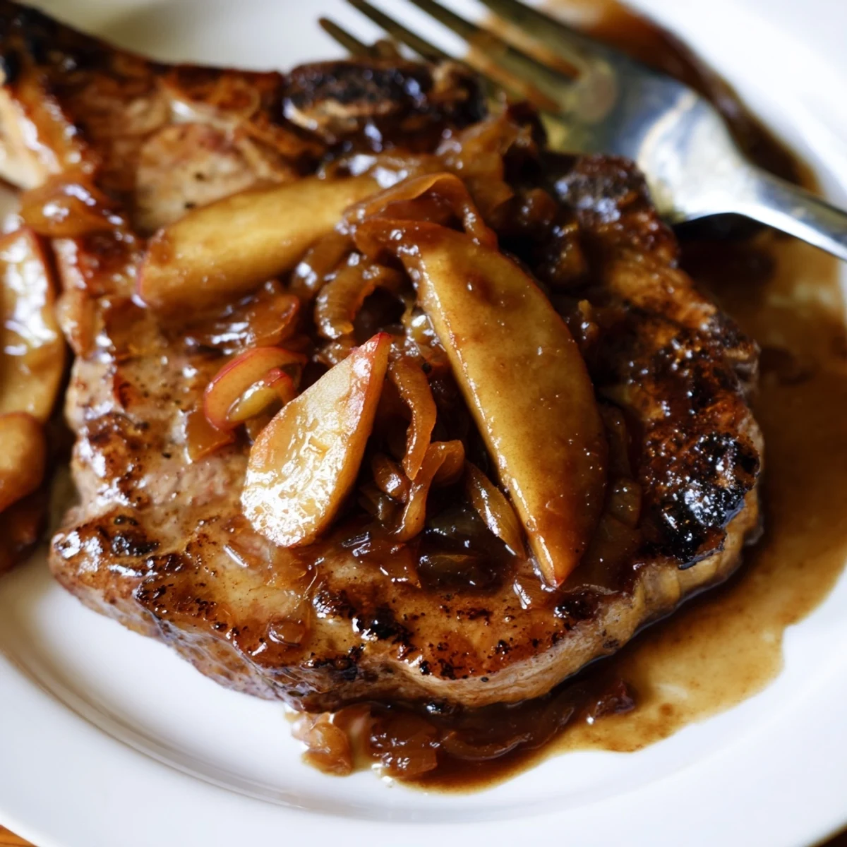 Juicy bone-in pork chops simmered in sweet apple butter sauce with tender apple wedges