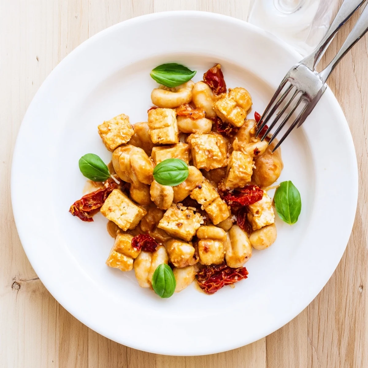 Golden crispy tofu cubes tossed with pillowy potato gnocchi in a rich creamy sun-dried tomato sauce