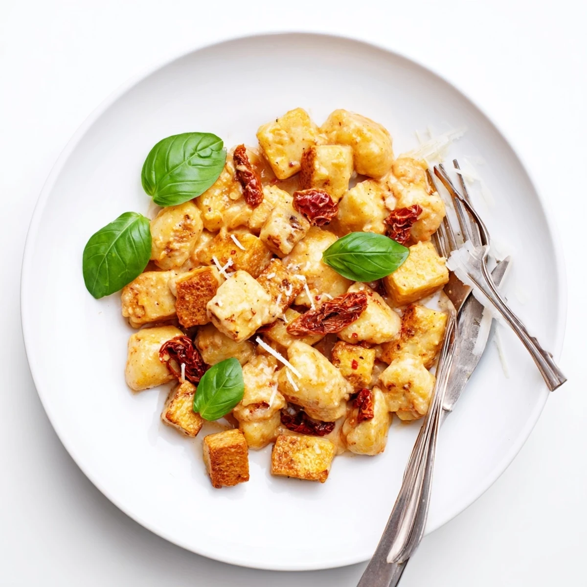 Plate of vegetarian crispy tofu and gnocchi swimming in a luscious tomato cream sauce with fresh basil