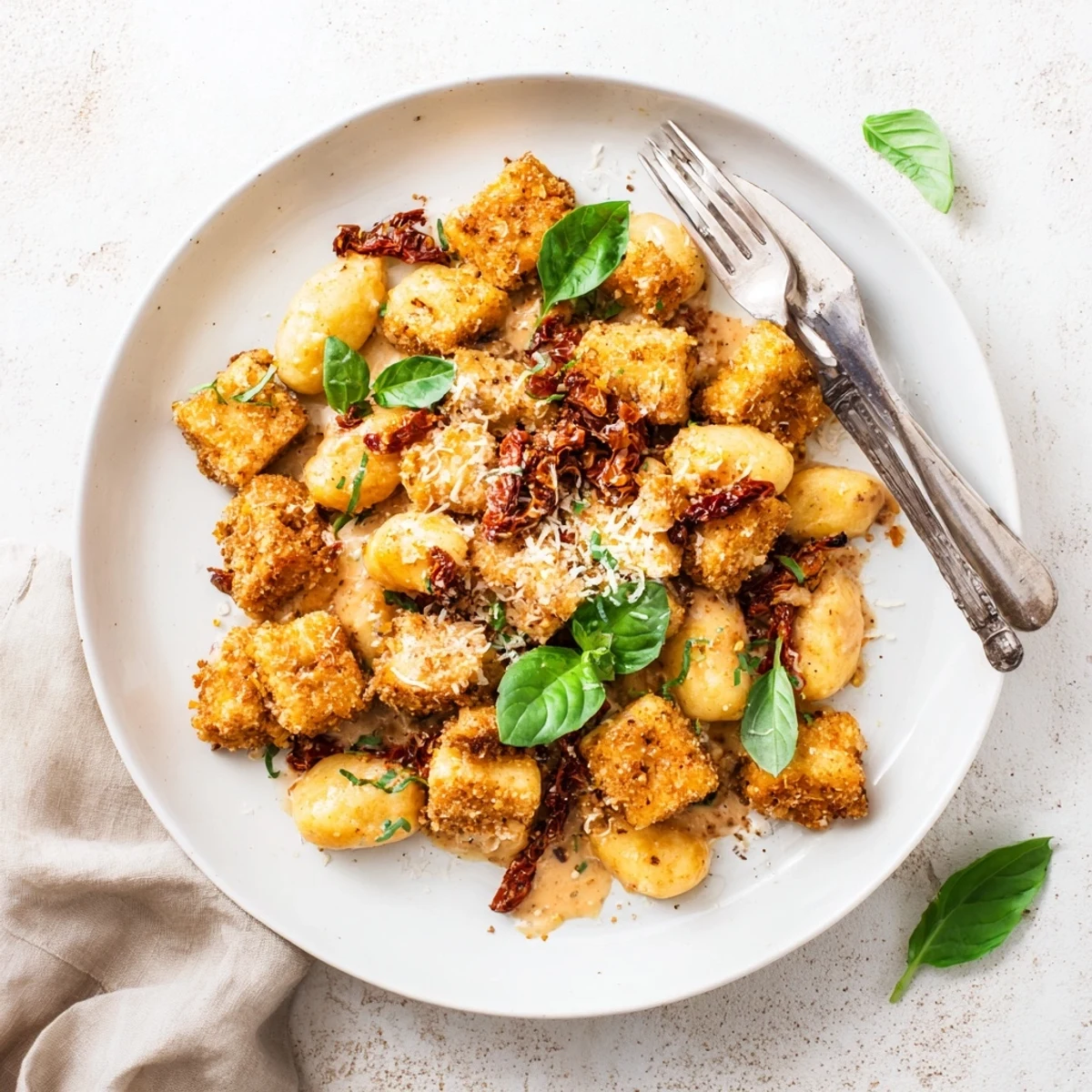Close-up of Marry Me crispy tofu with gnocchi coated in a velvety garlic Parmesan cream sauce