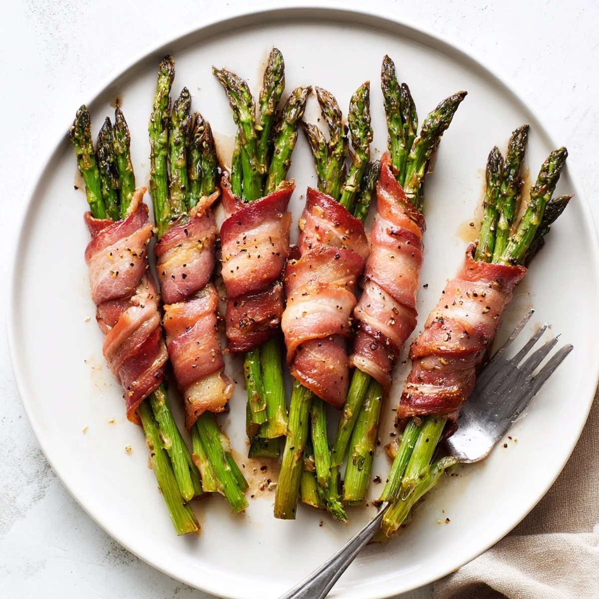 Tender green asparagus bundles wrapped in smoky bacon ready for serving