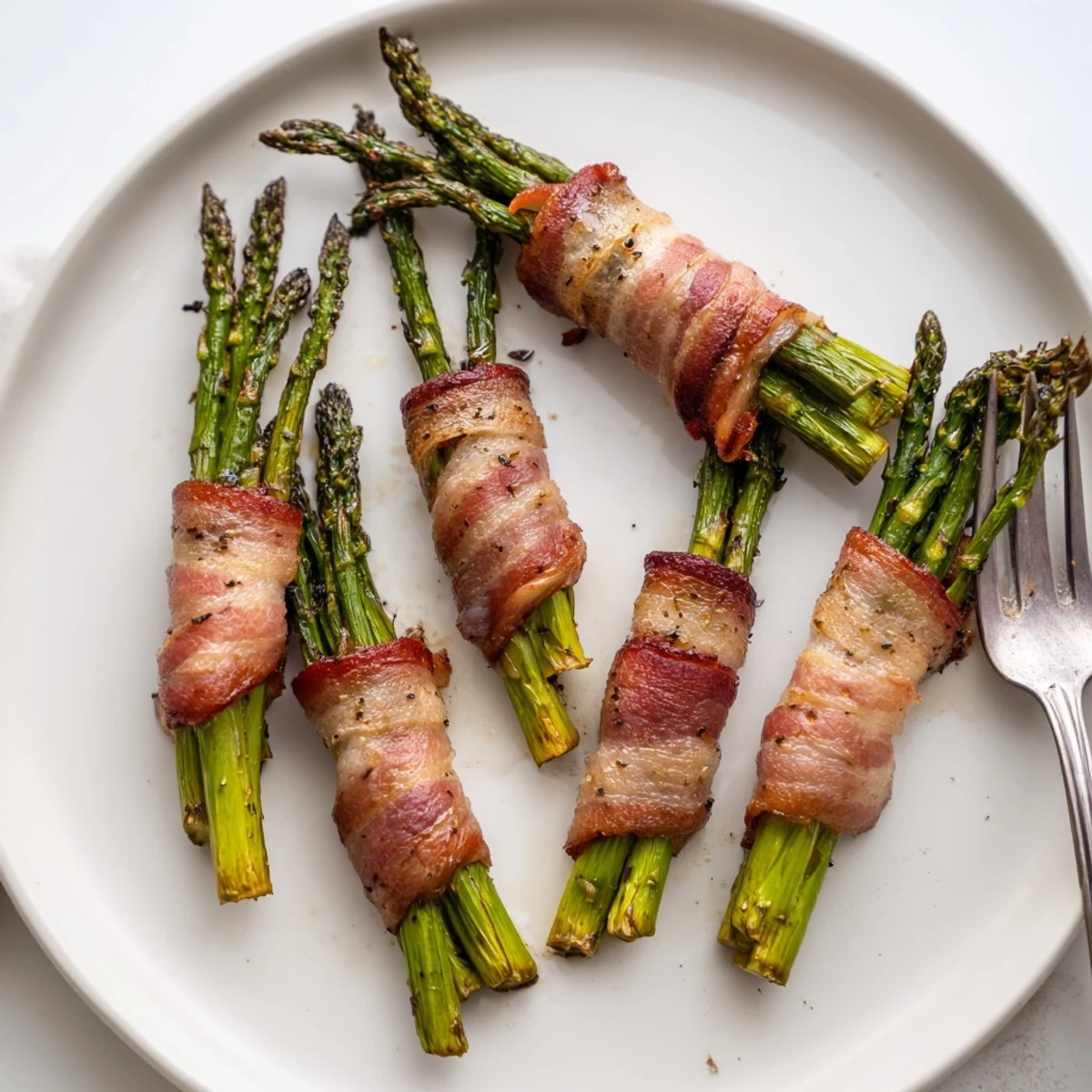 Savory bacon wrapped asparagus appetizer with crispy cooked bacon and tender stalks
