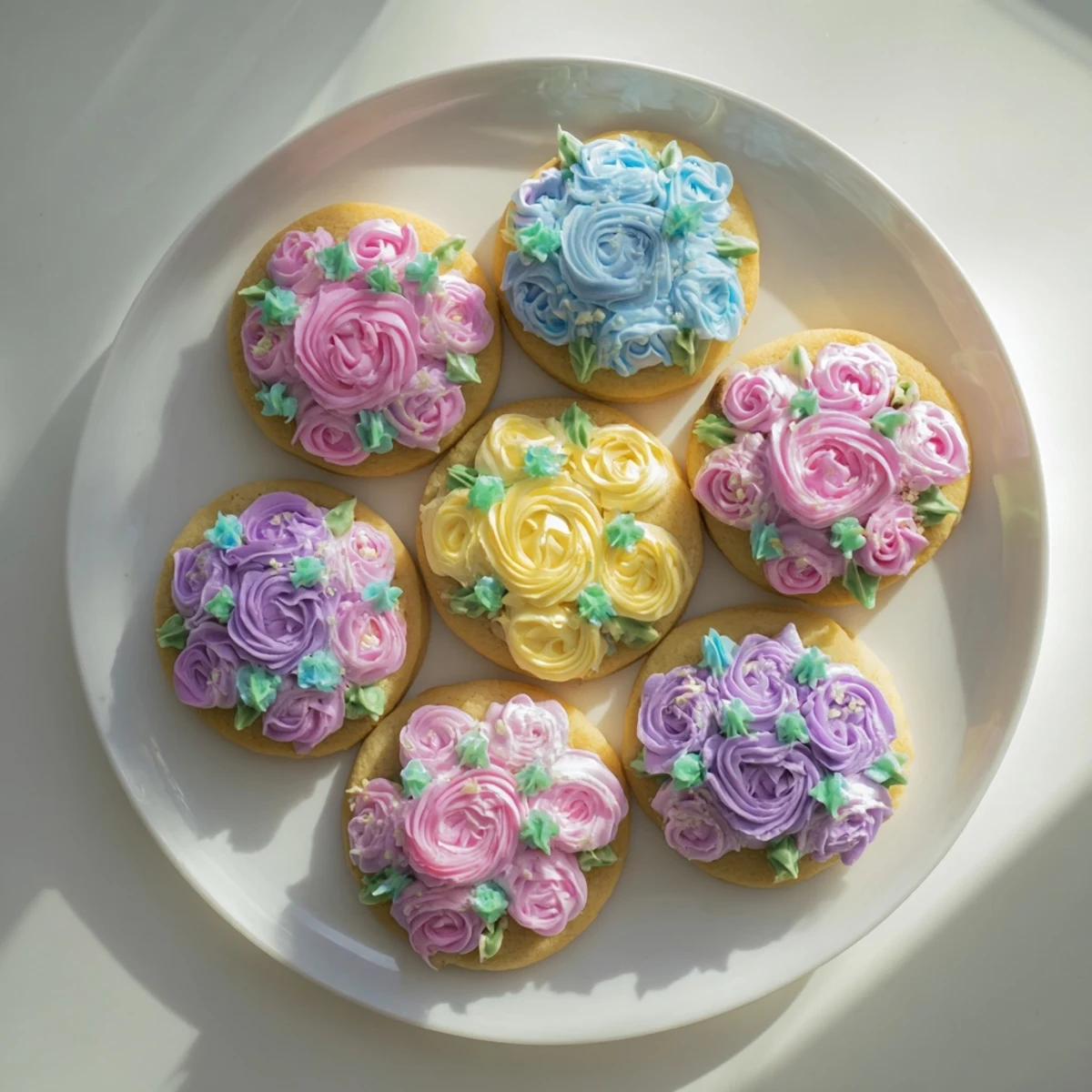 Hand piped buttercream flowers atop soft sugar cookies perfect for spring celebrations and gifting