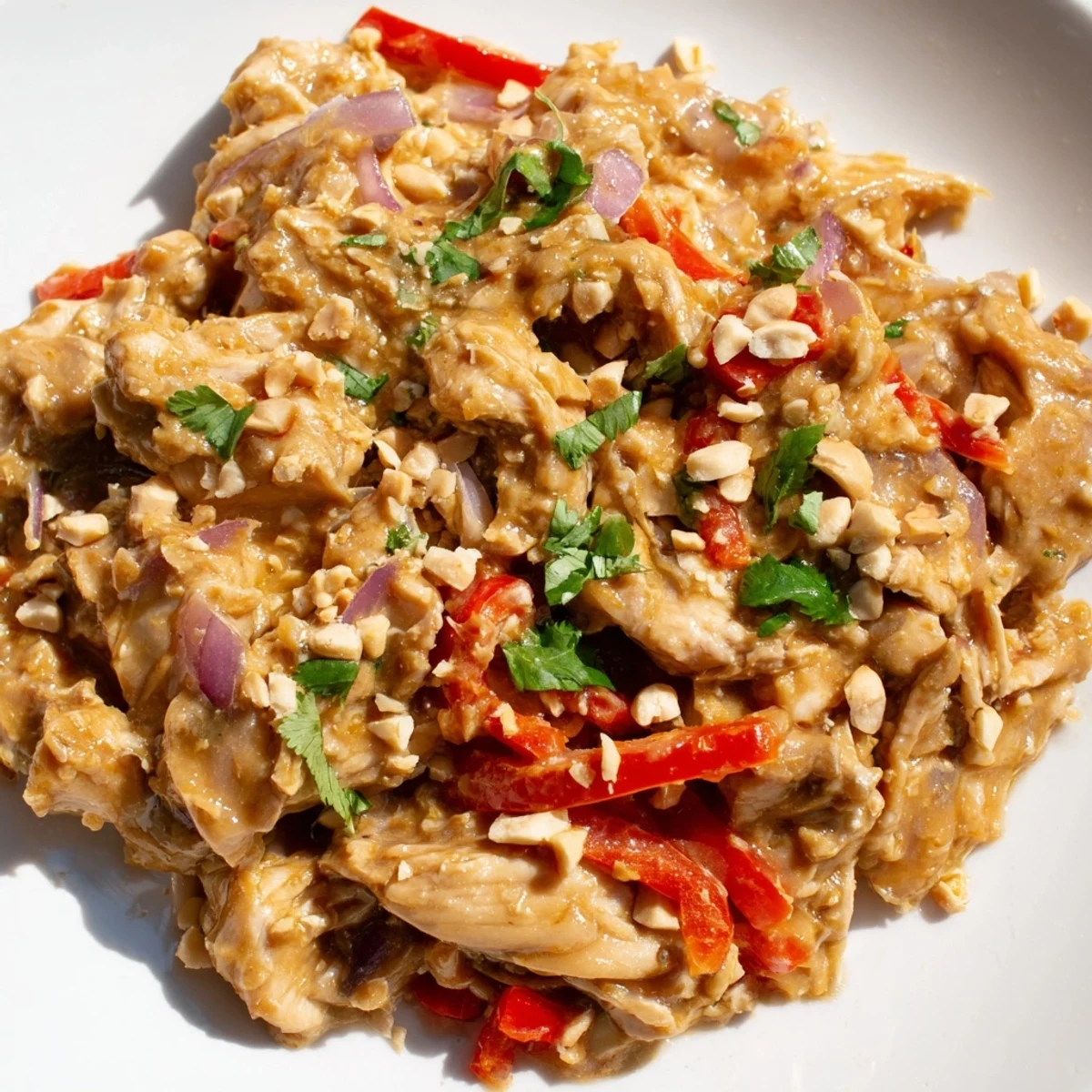 Creamy peanut coated chicken thighs in a slow cooker with vibrant red bell pepper slices and aromatic aromatics
