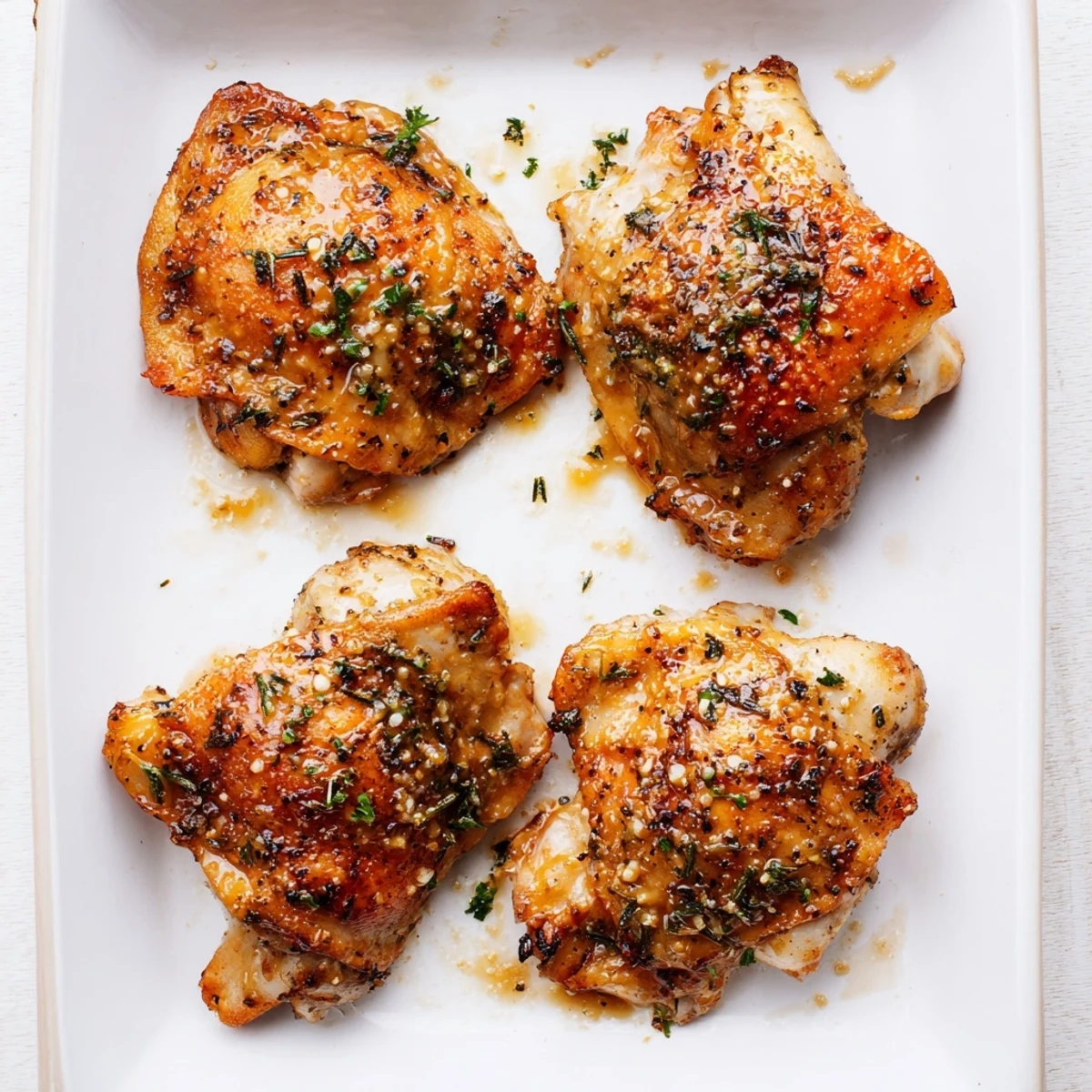 Golden baked honey mustard chicken thighs with caramelized glaze and fresh parsley garnish