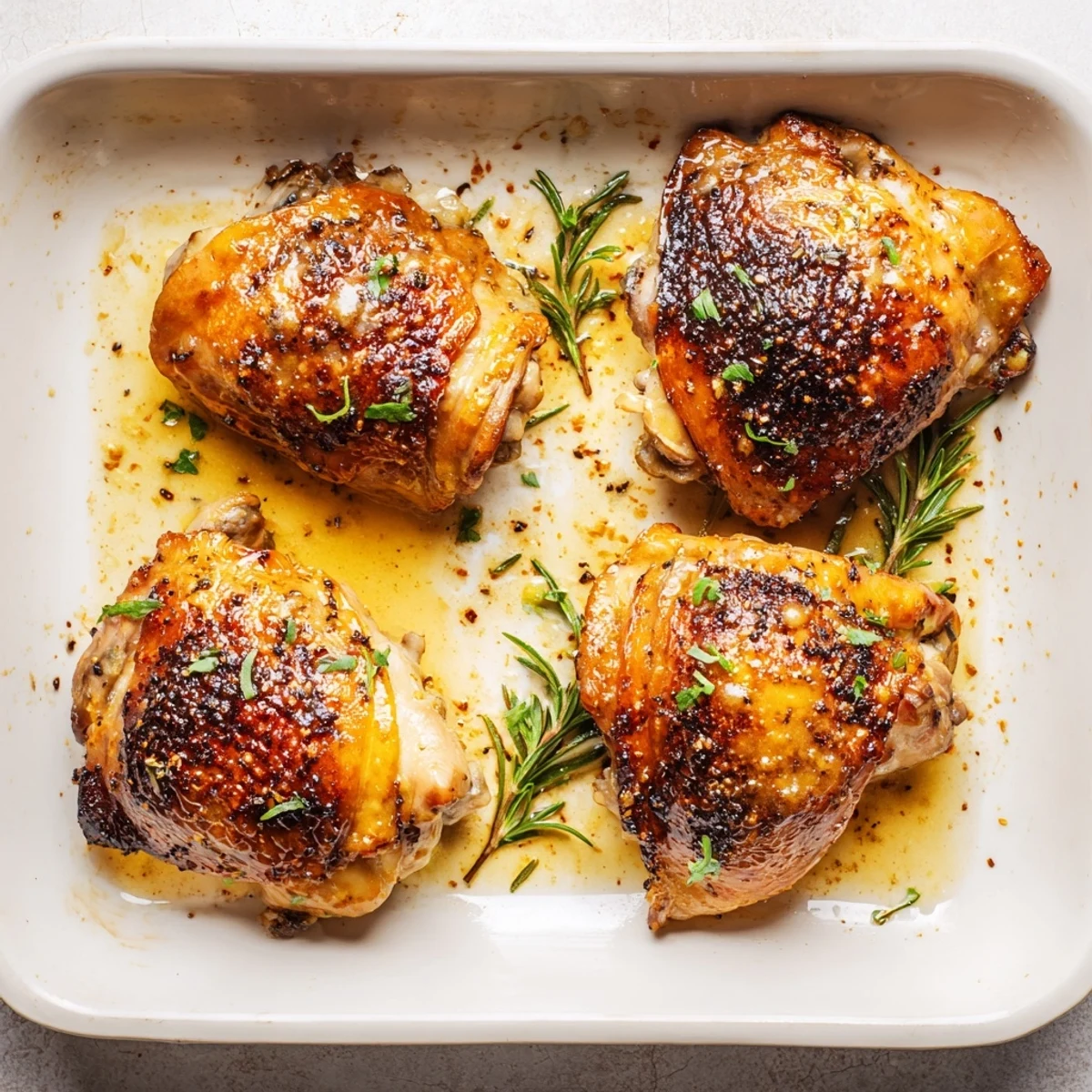 Tender juicy honey mustard chicken resting in a baking dish with savory pan sauce