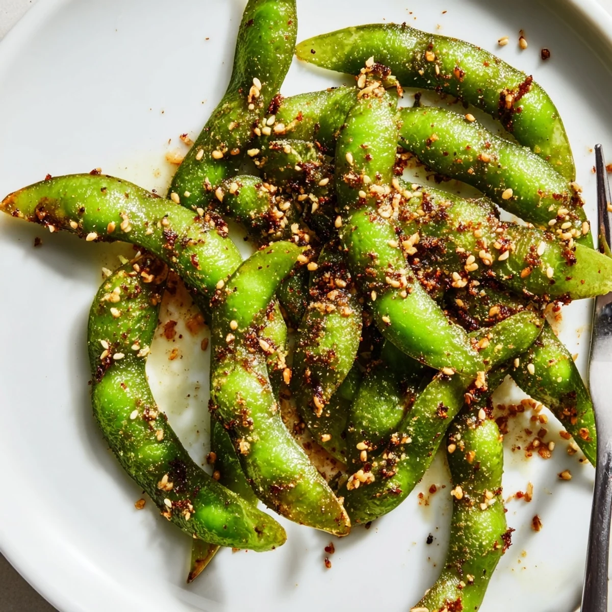Golden air fryer edamame pods seasoned with garlic and sea salt, served in a white bowl