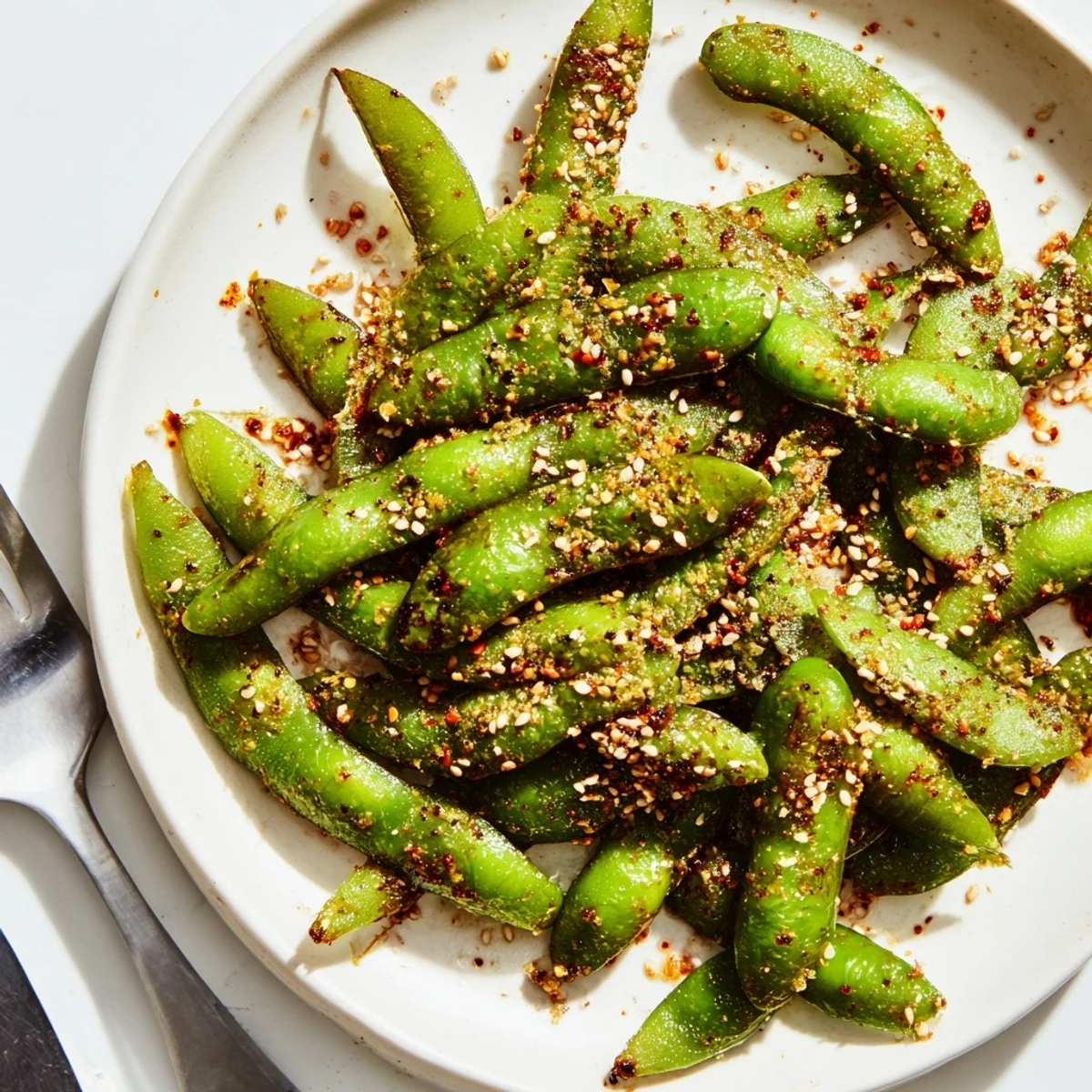 Crispy air fryer edamame sprinkled with sesame seeds and chili flakes on a rustic wooden board