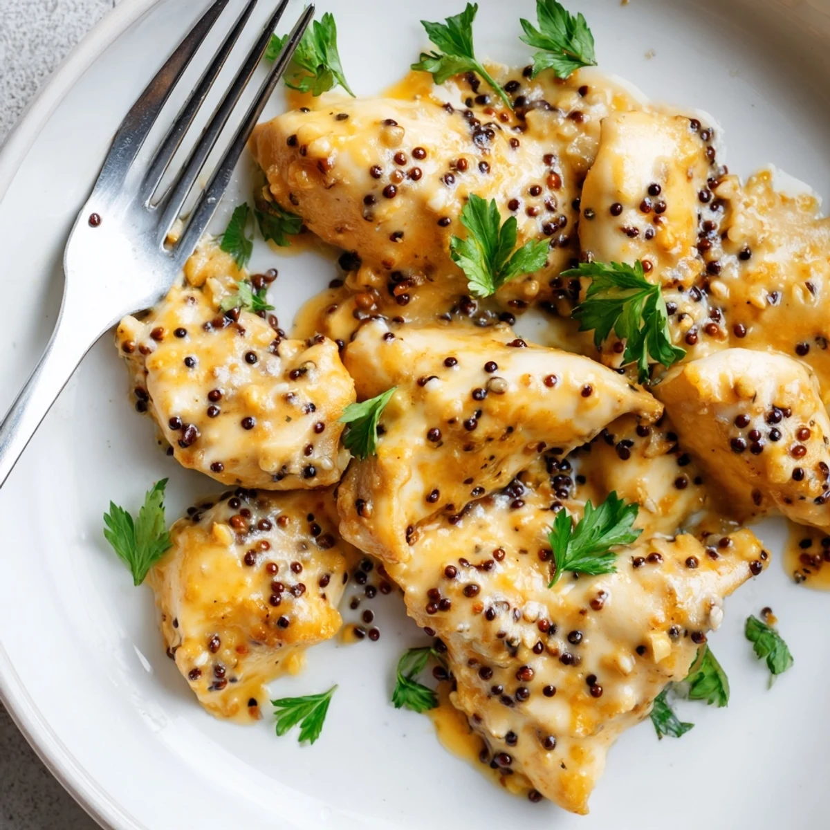 Oven baked honey mustard chicken resting in baking dish with thickened honey mustard sauce and herbs sprinkled on top