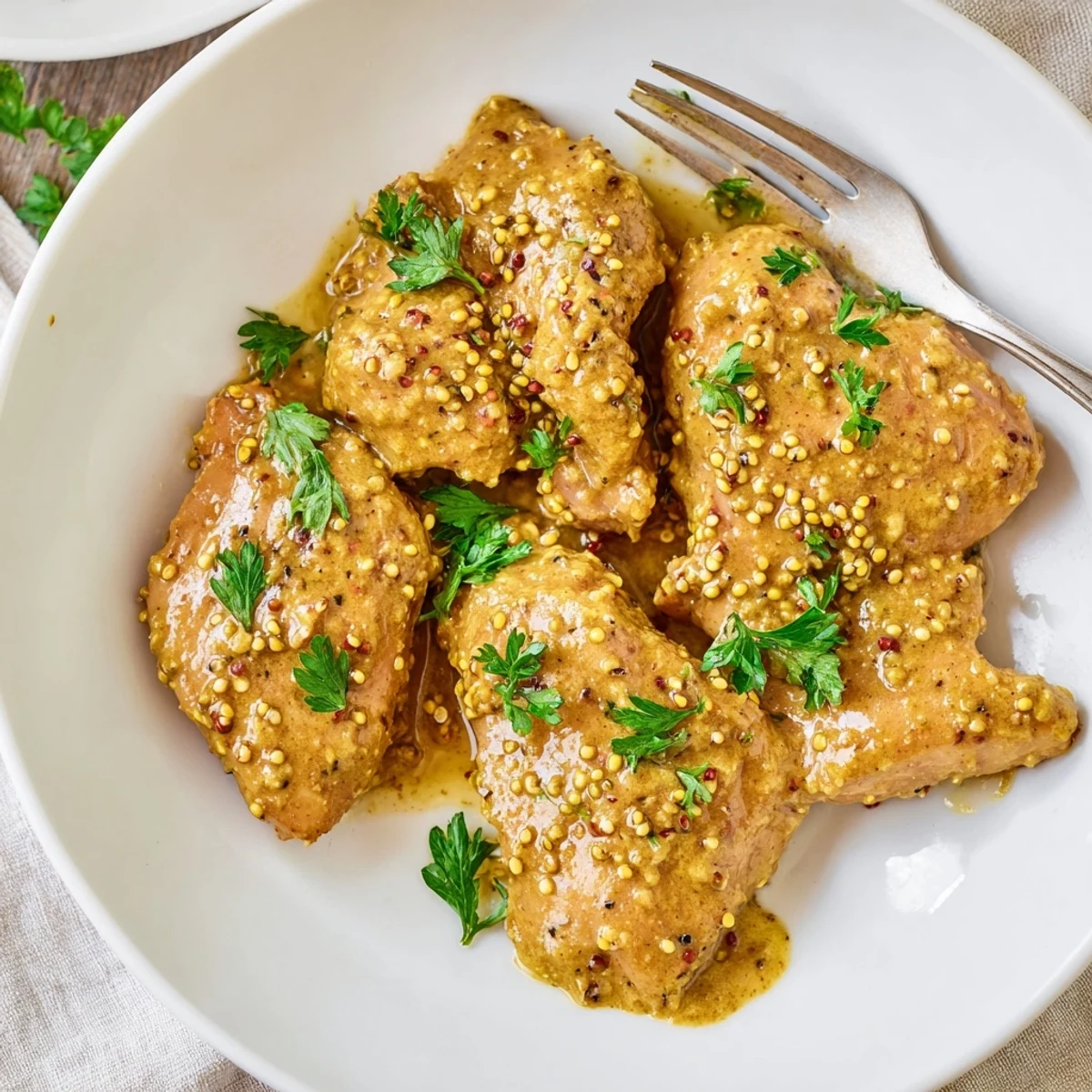 Juicy oven baked honey mustard chicken thighs glazed in bubbling honey mustard sauce garnished with fresh parsley