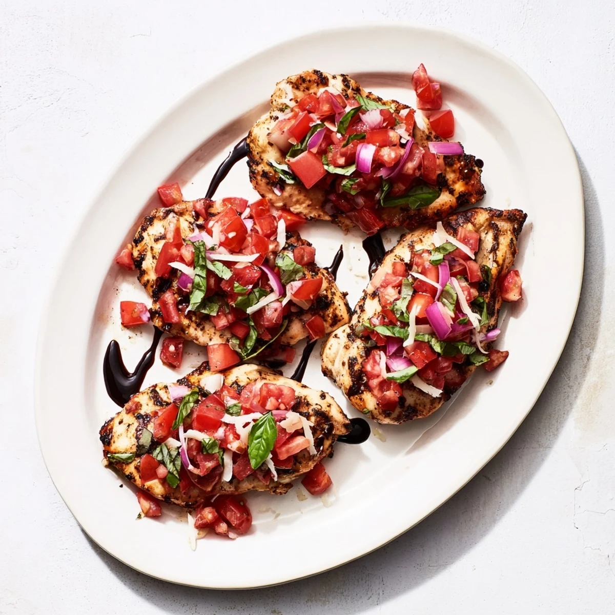 Golden seared chicken breasts topped with fresh diced tomato basil bruschetta and balsamic glaze drizzle