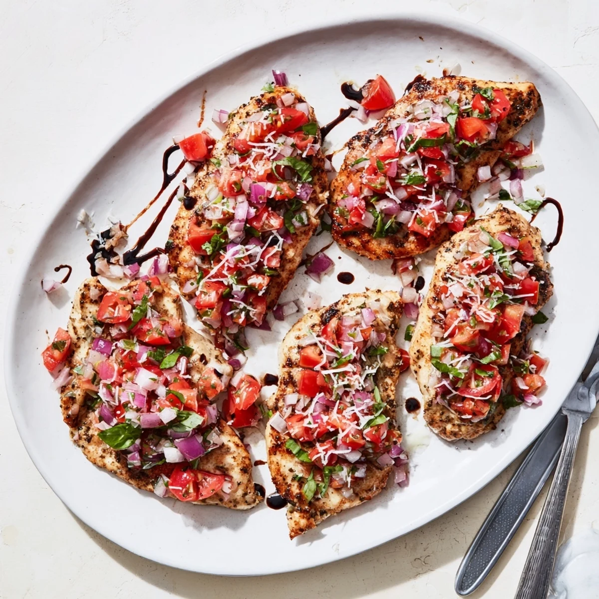 Juicy baked bruschetta chicken finished with vibrant tomato topping and melted mozzarella cheese on a white plate