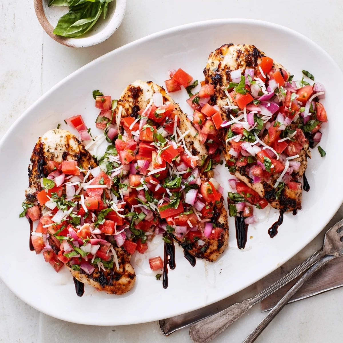 Italian-inspired bruschetta chicken featuring seasoned breast meat topped with colorful tomato onion mixture and glossy balsamic swirl