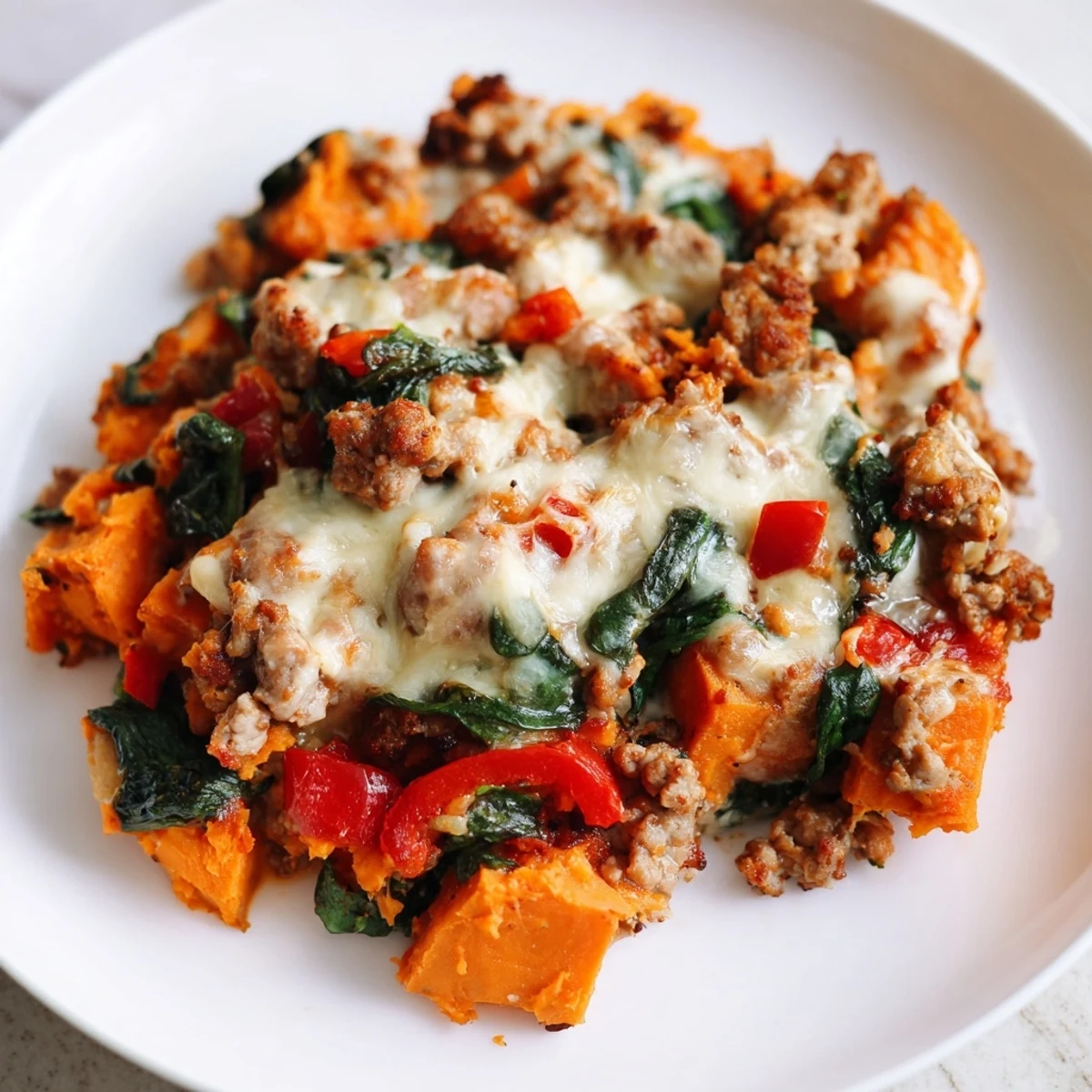 Bubbling ground turkey sweet potato bake casserole fresh from oven with cheesy parmesan topping