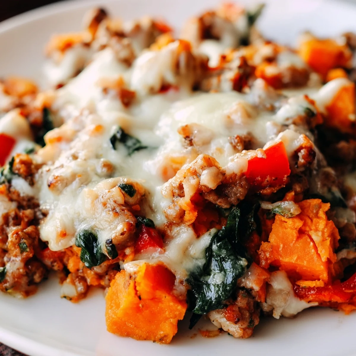 Golden brown ground turkey sweet potato bake casserole with melted mozzarella and colorful vegetables