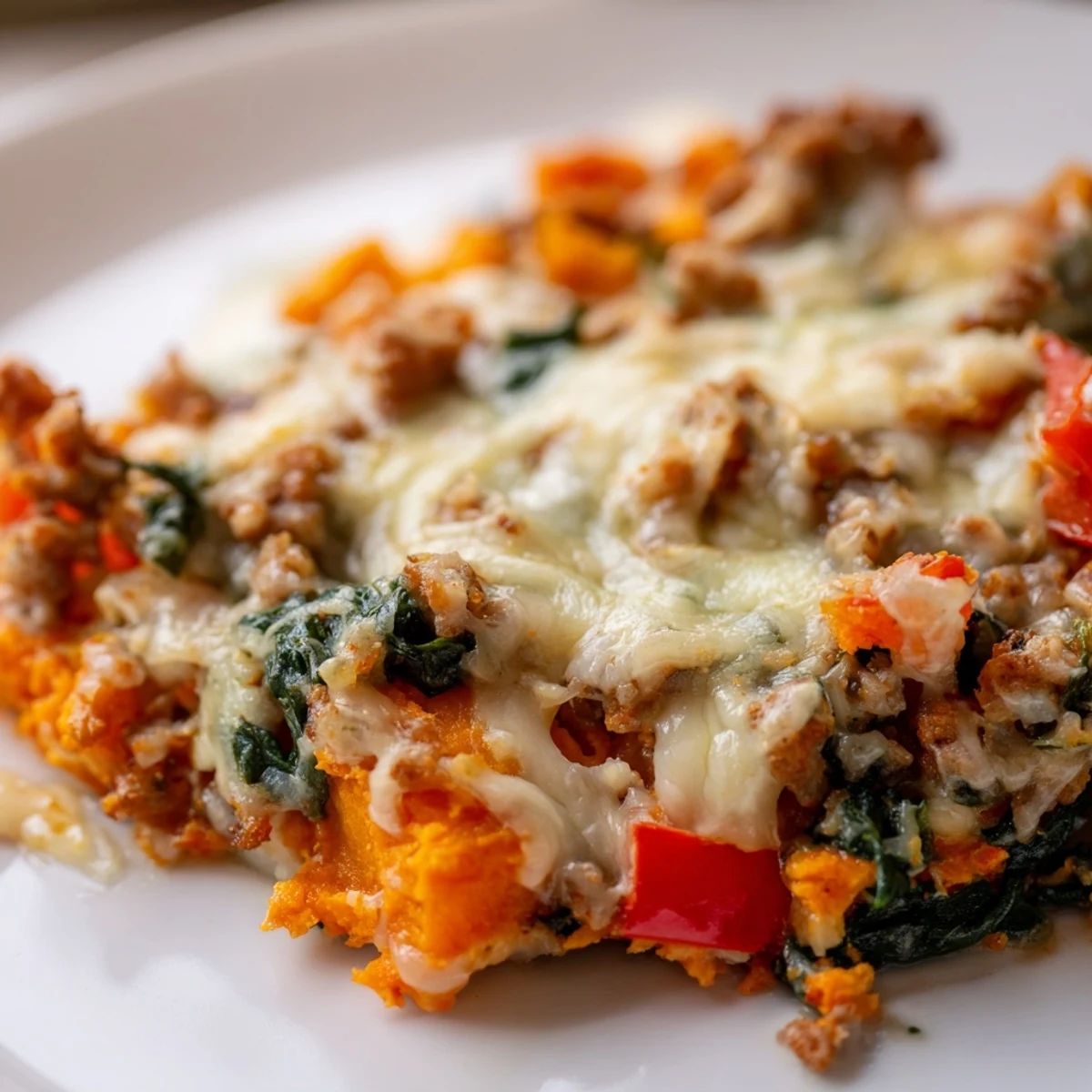 Sliced ground turkey sweet potato bake casserole revealing tender vegetables and melted cheese layers