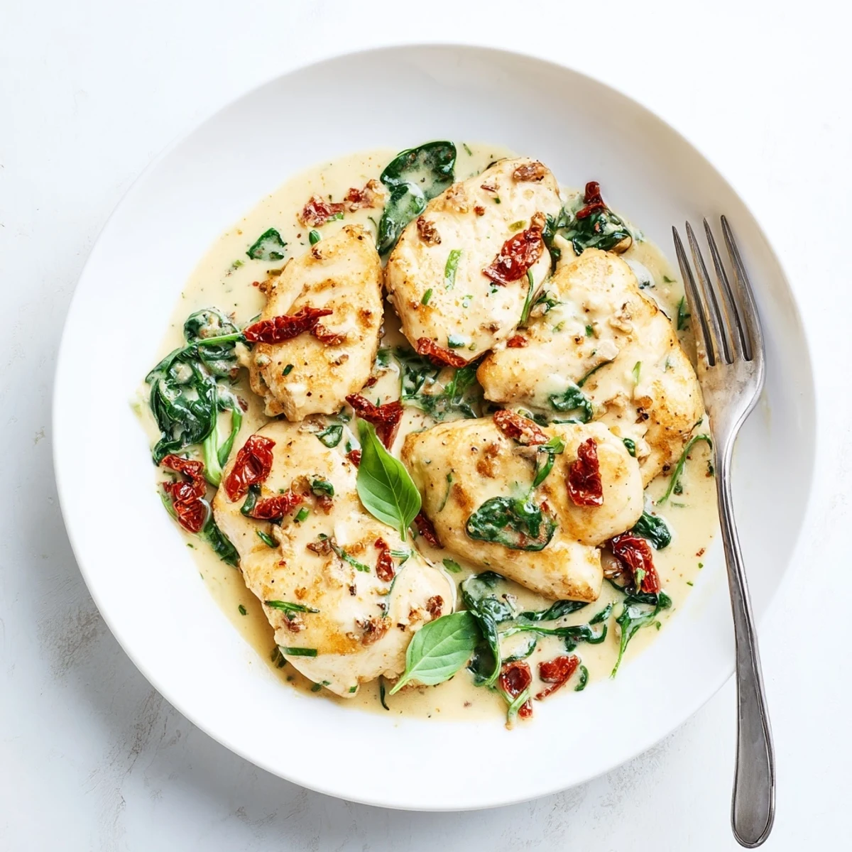Golden seared chicken breasts swimming in a creamy garlic sauce with sun-dried tomatoes and fresh spinach