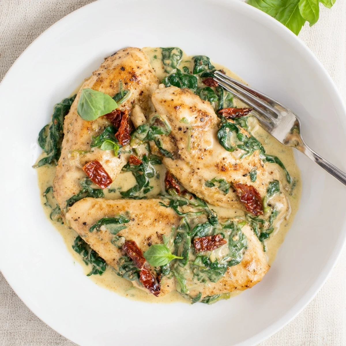 Low carb creamy Tuscan chicken served piping hot garnished with fresh basil and grated Parmesan cheese