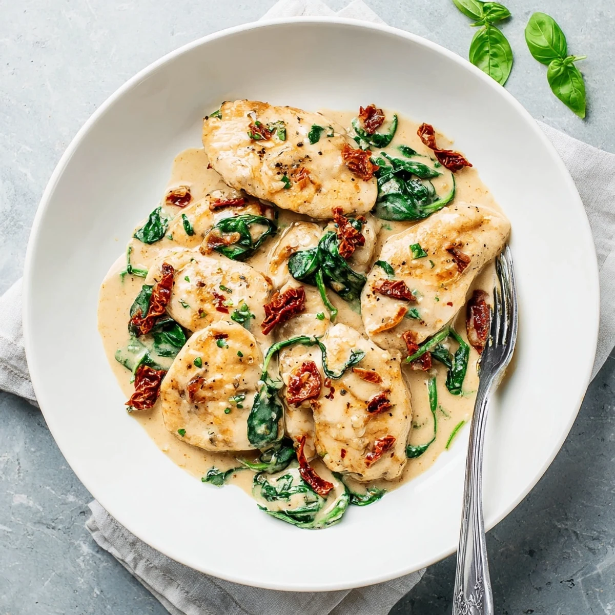 Savory skillet chicken simmered in rich white sauce dotted with red sun-dried tomatoes and green wilted spinach
