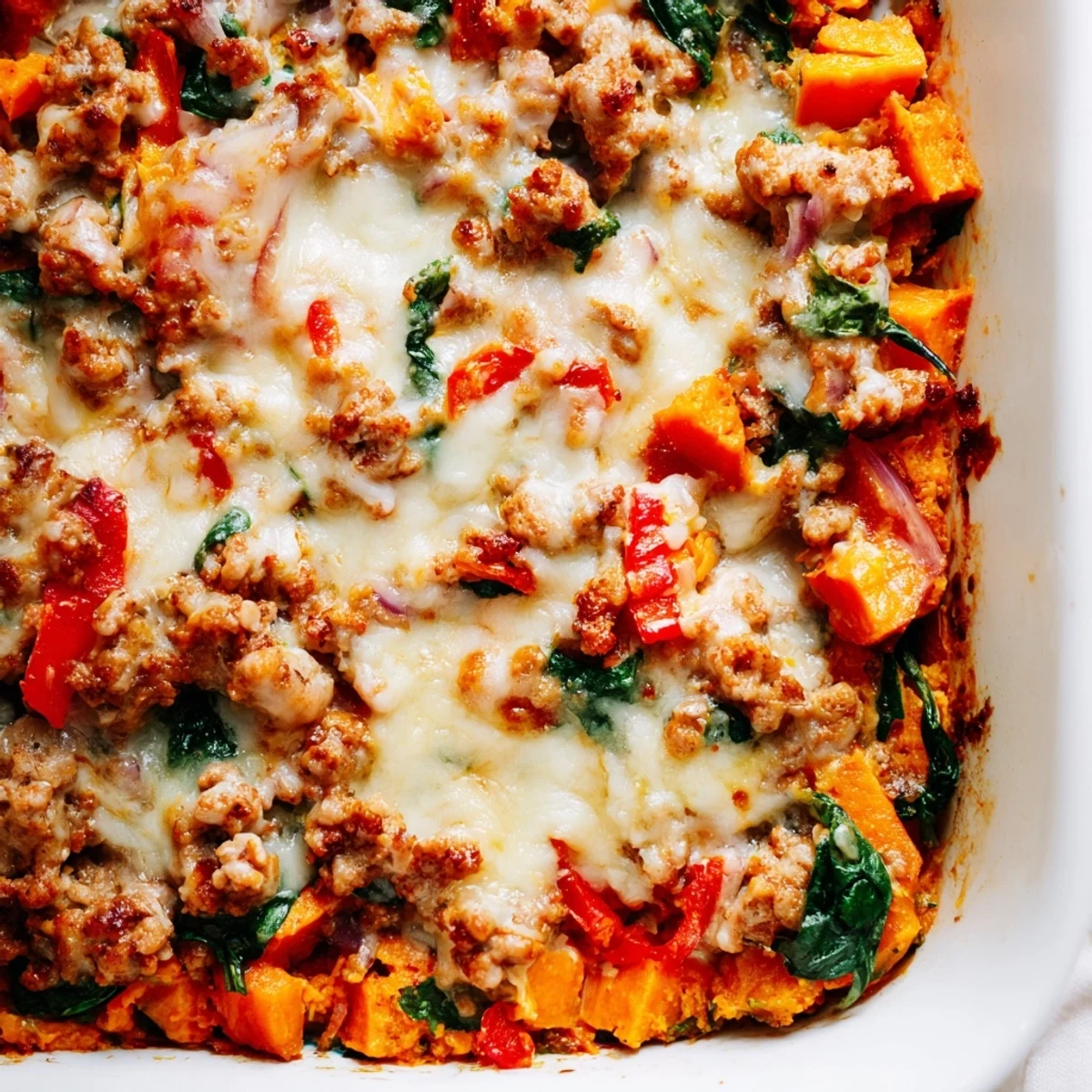 Hearty ground turkey sweet potato bake casserole layered with tender vegetables and savory seasoned meat