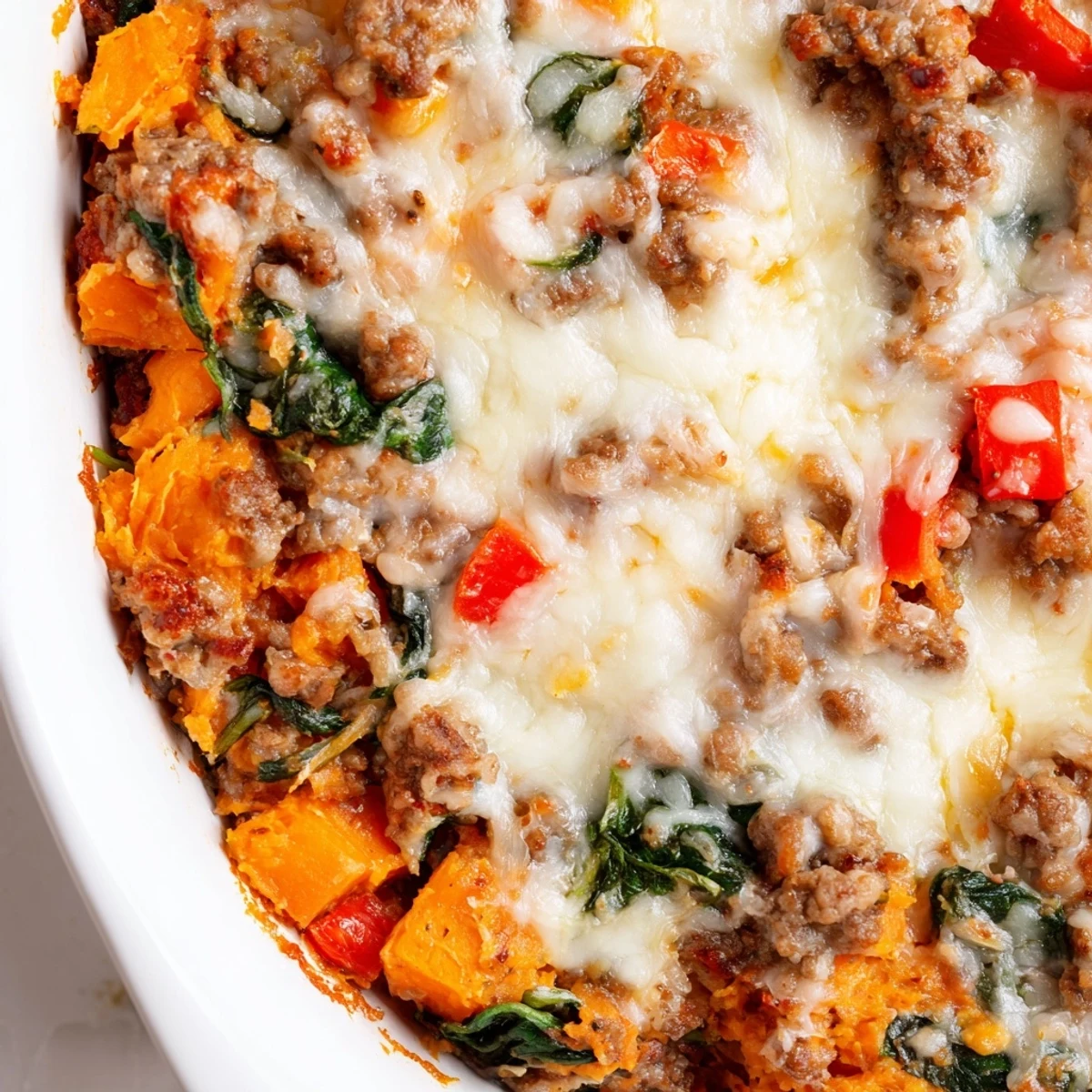 Bubbling ground turkey sweet potato bake casserole fresh from the oven with golden cheese topping