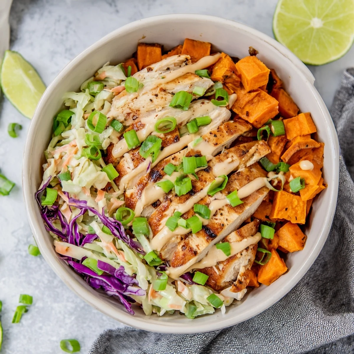 Colorful BBQ chicken bowls with roasted sweet potatoes and fresh creamy coleslaw