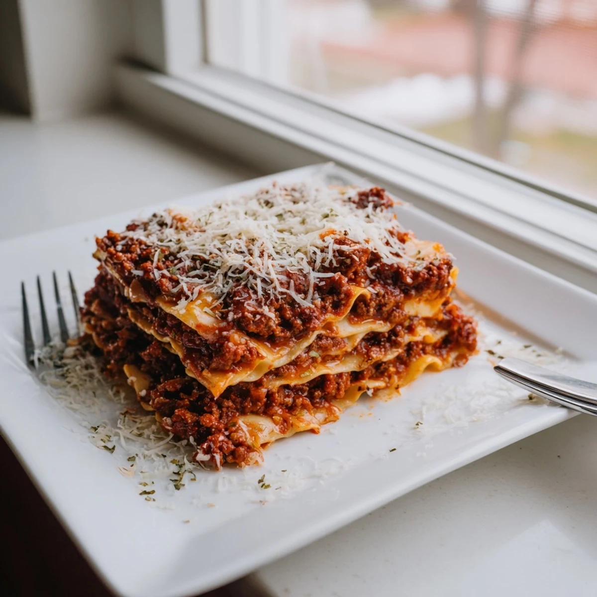 Golden bubbling classic lasagna with layers of meat sauce and melted mozzarella cheese
