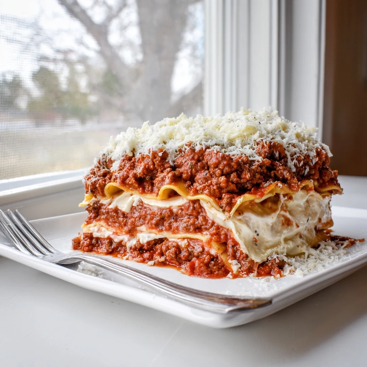 Square slice of classic lasagna showing distinct pasta layers with rich beef ragu and creamy béchamel