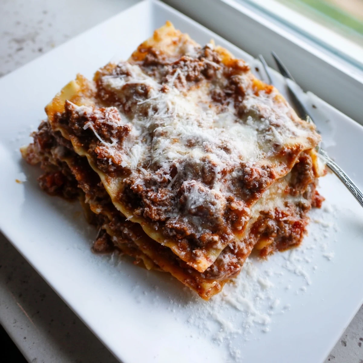 Baked classic lasagna dish topped with browned mozzarella and fresh grated Parmesan cheese