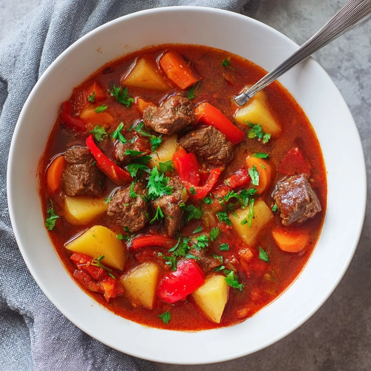Slow cooker Hungarian goulash with tender beef cubes, vegetables, and rich paprika sauce in a white bowl