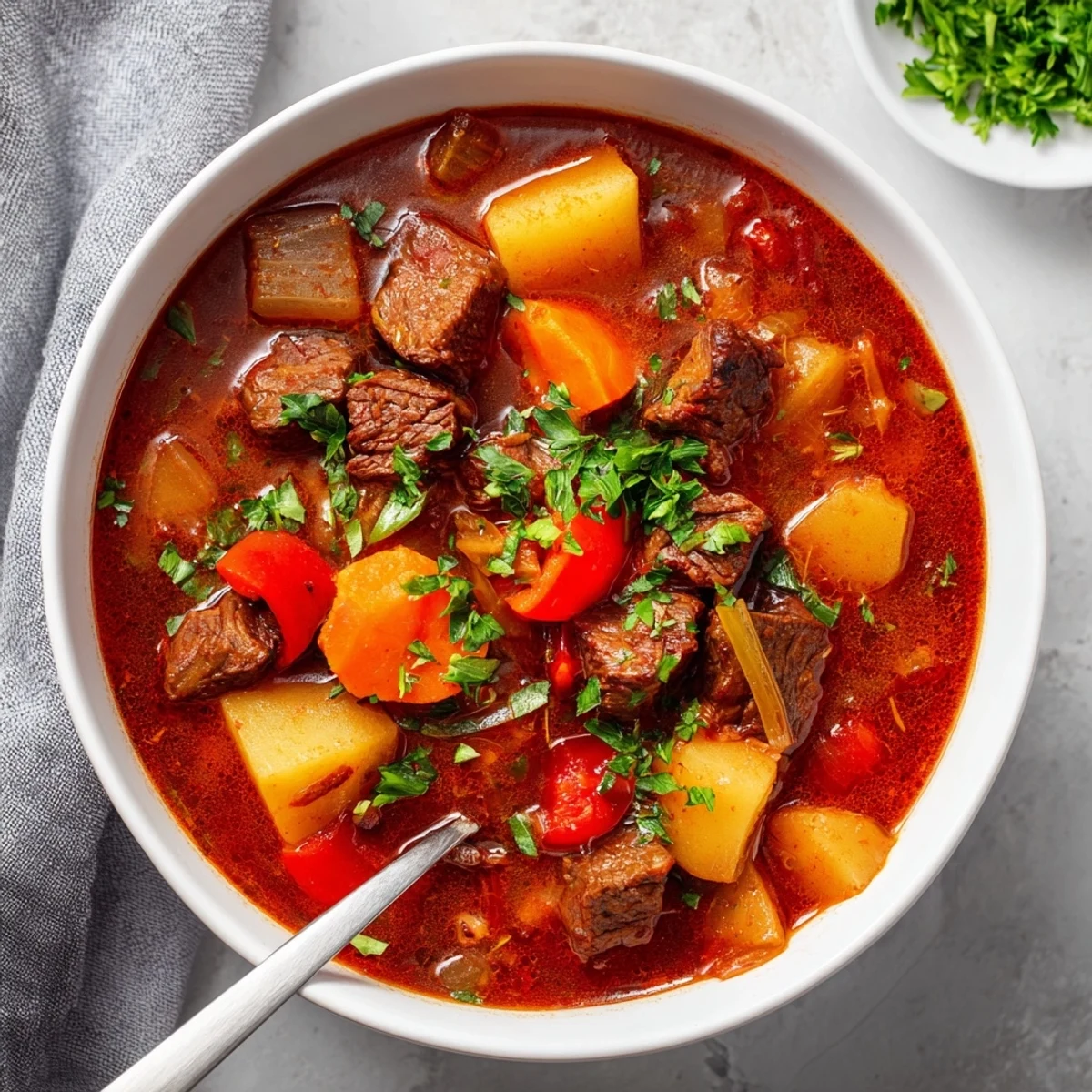 Hearty Hungarian goulash featuring fork-tender beef, colorful potatoes, and carrots in a reddish broth garnished with parsley