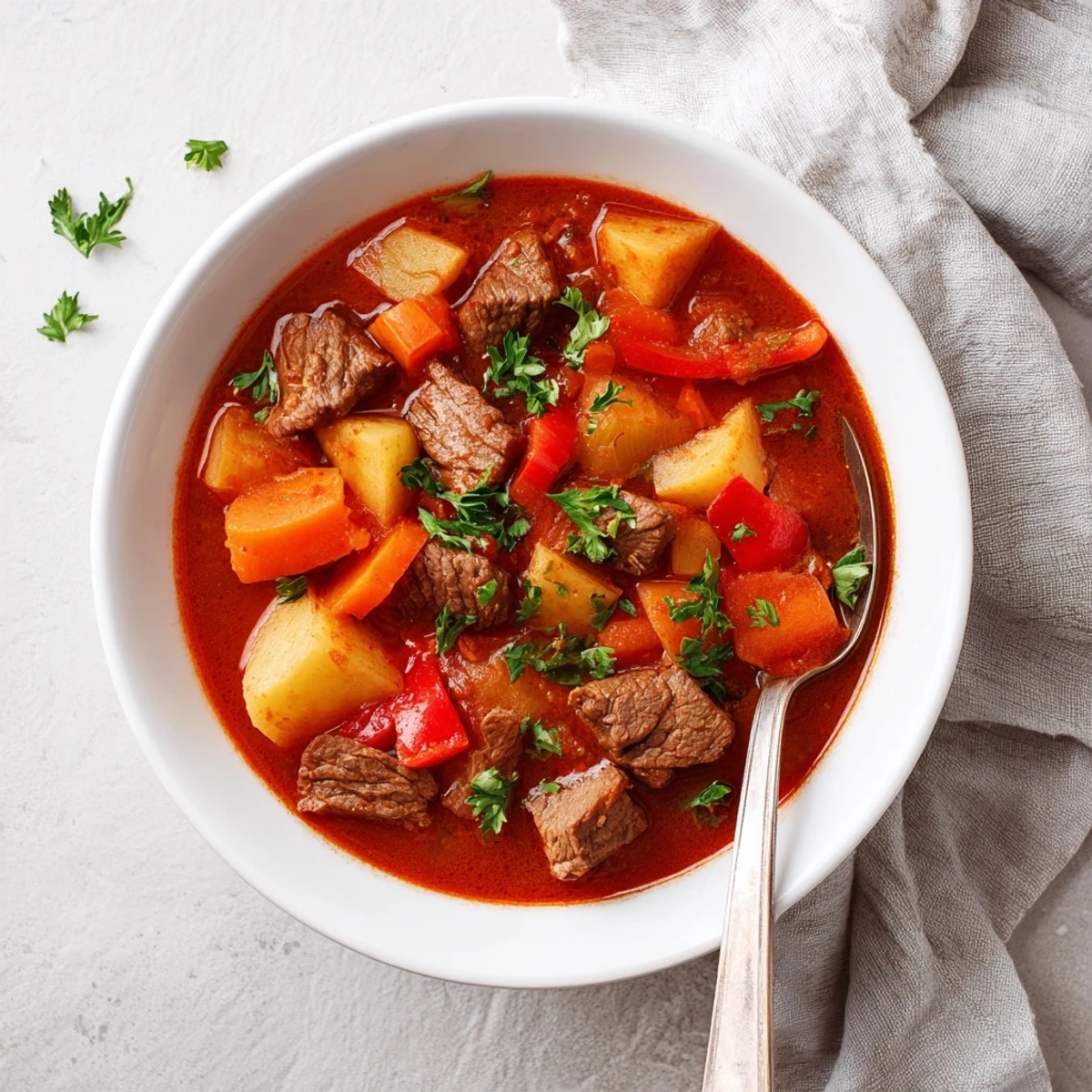 Savory slow cooker Hungarian goulash topped with fresh parsley, served alongside crusty bread on a wooden table