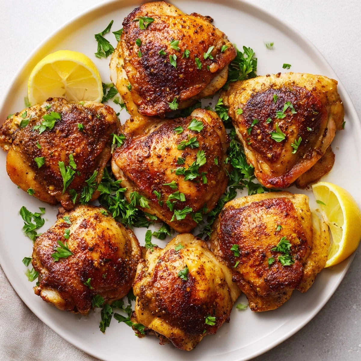 Juicy ultimate boneless skinless chicken thighs plated with fresh parsley and bright lemon wedges
